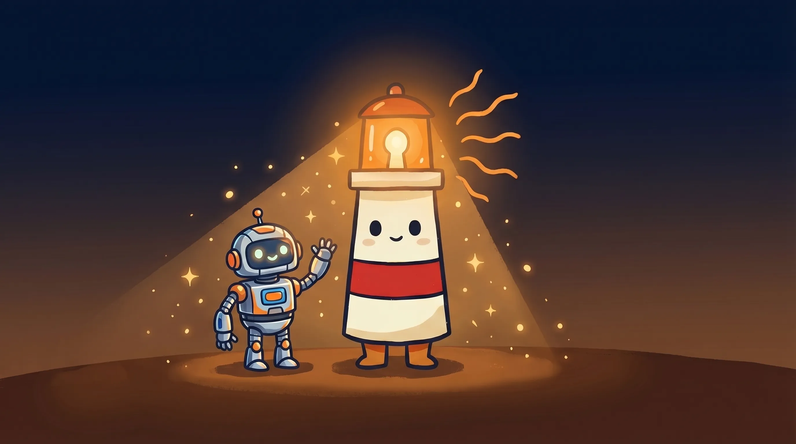 Beacon the lighthouse illuminating a glowing AI assistant interface, cream body with red stripe, amber lantern shining war...