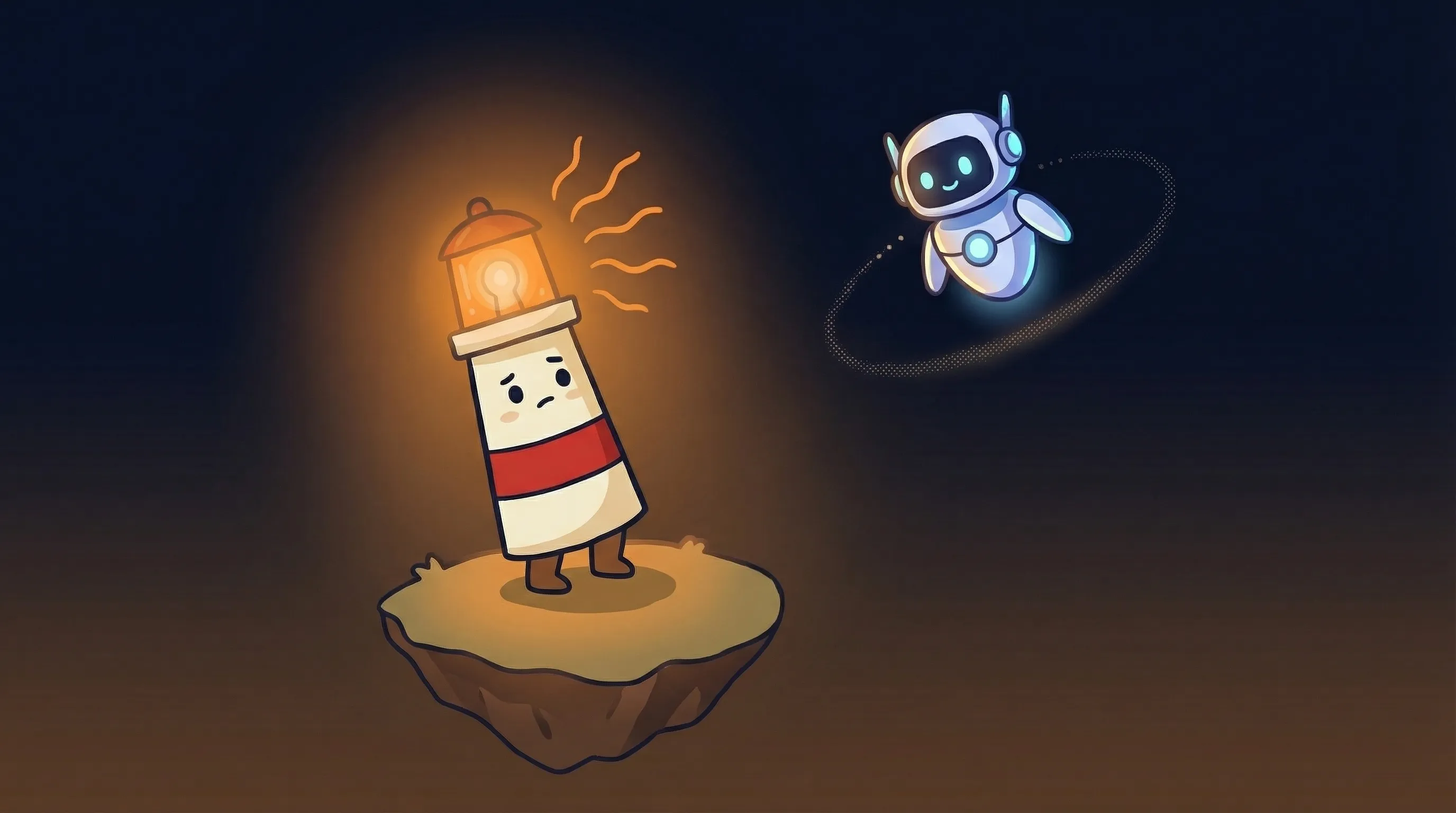 Beacon the lighthouse illuminating a glowing AI virtual assistant interface, flat 2D illustration on dark navy background.