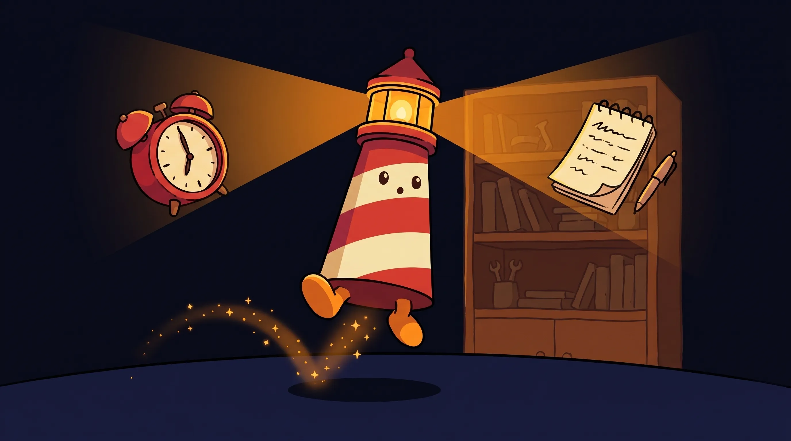 Beacon the lighthouse illuminating a CRM dashboard and calendar reminders, symbolizing AI-powered follow-up tools for smal...