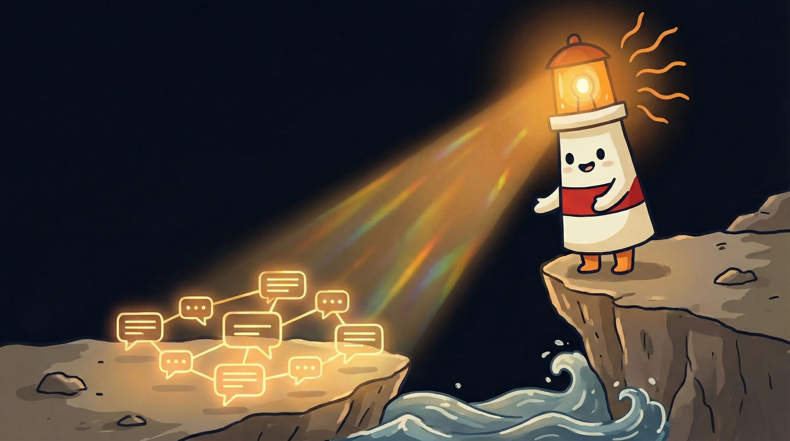 Beacon the lighthouse illuminating a phone, email, and Instagram icon cluster, glowing amber light connecting all three su...
