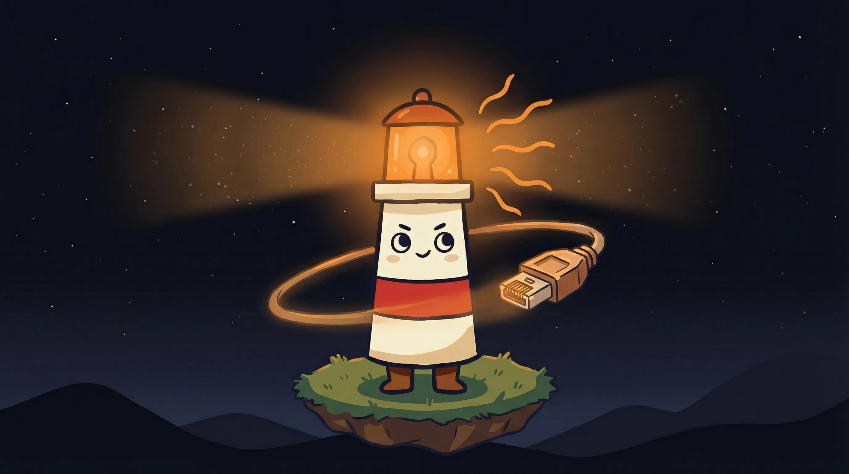 Beacon the lighthouse illuminating a glowing REST API endpoint symbol, cream body with red stripe on dark navy.
