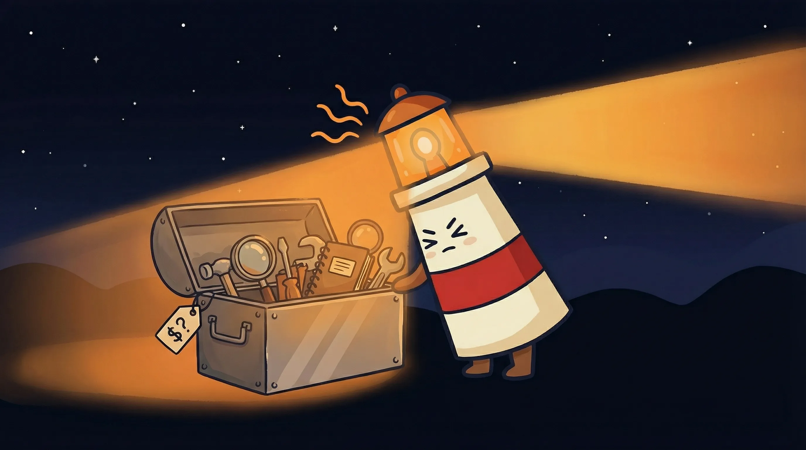 Beacon the lighthouse illuminating a laptop with AI icons, showing affordable small business tools on dark navy background.