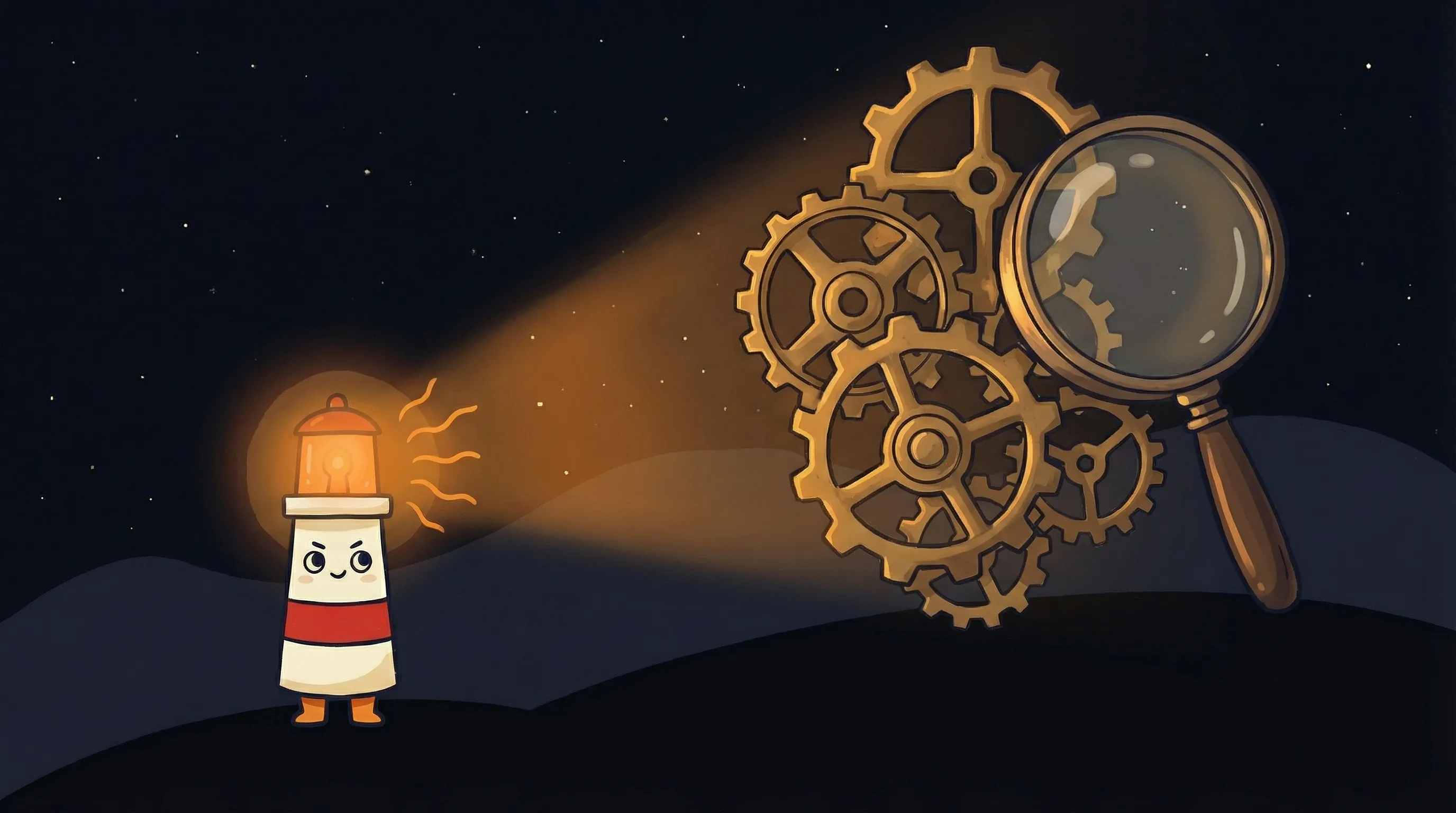 Beacon the lighthouse character shining its amber glow onto a magnifying glass and data charts on a dark navy background.