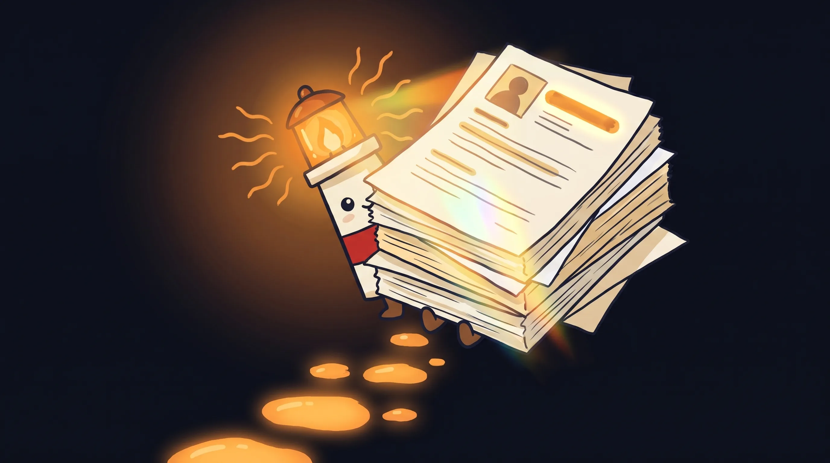 Cartoon mascot with a glowing lantern carries a tall stack of resume-like documents, leaving glowing footprints on a...