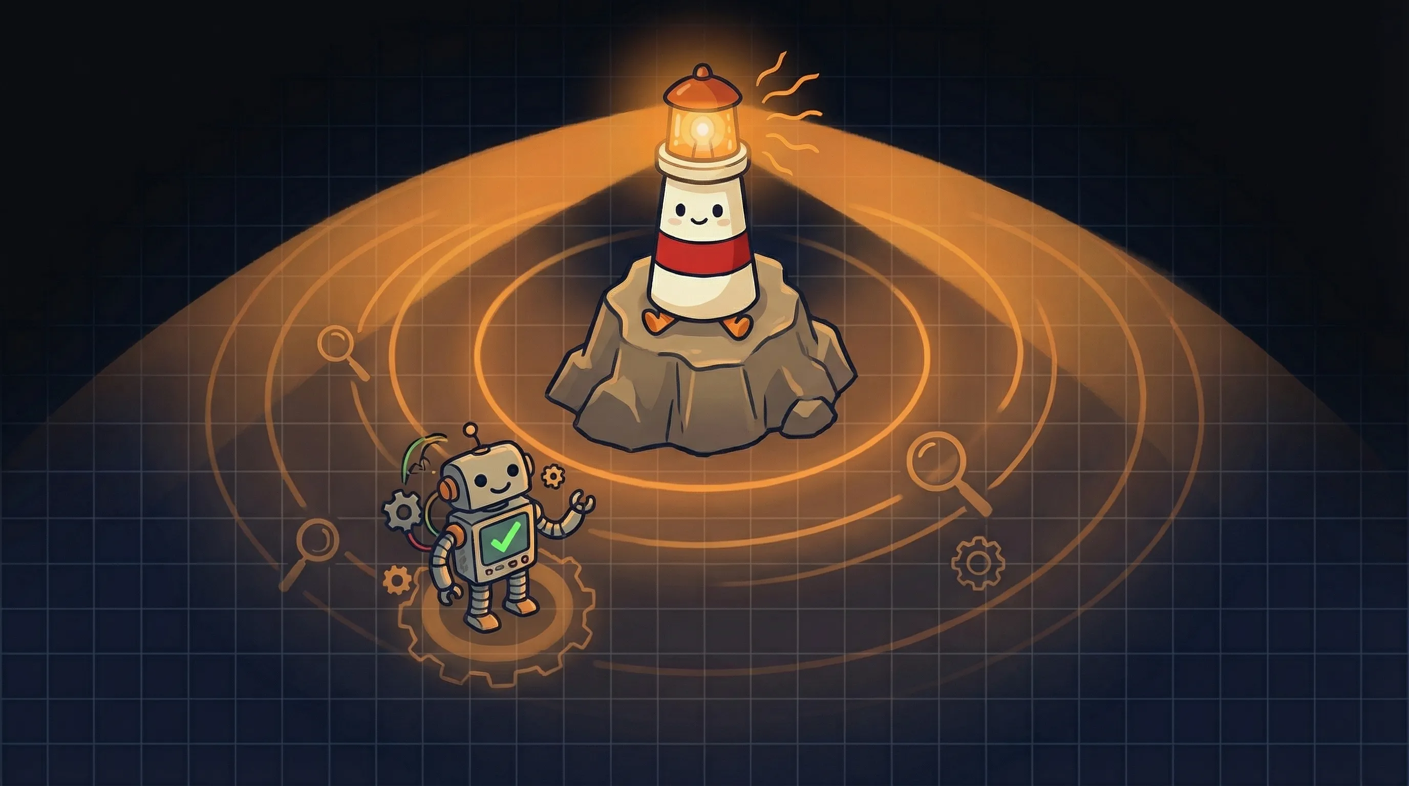 Beacon the lighthouse illuminating a network of AI agent nodes, cream body with red stripe, amber light glowing on dark na...