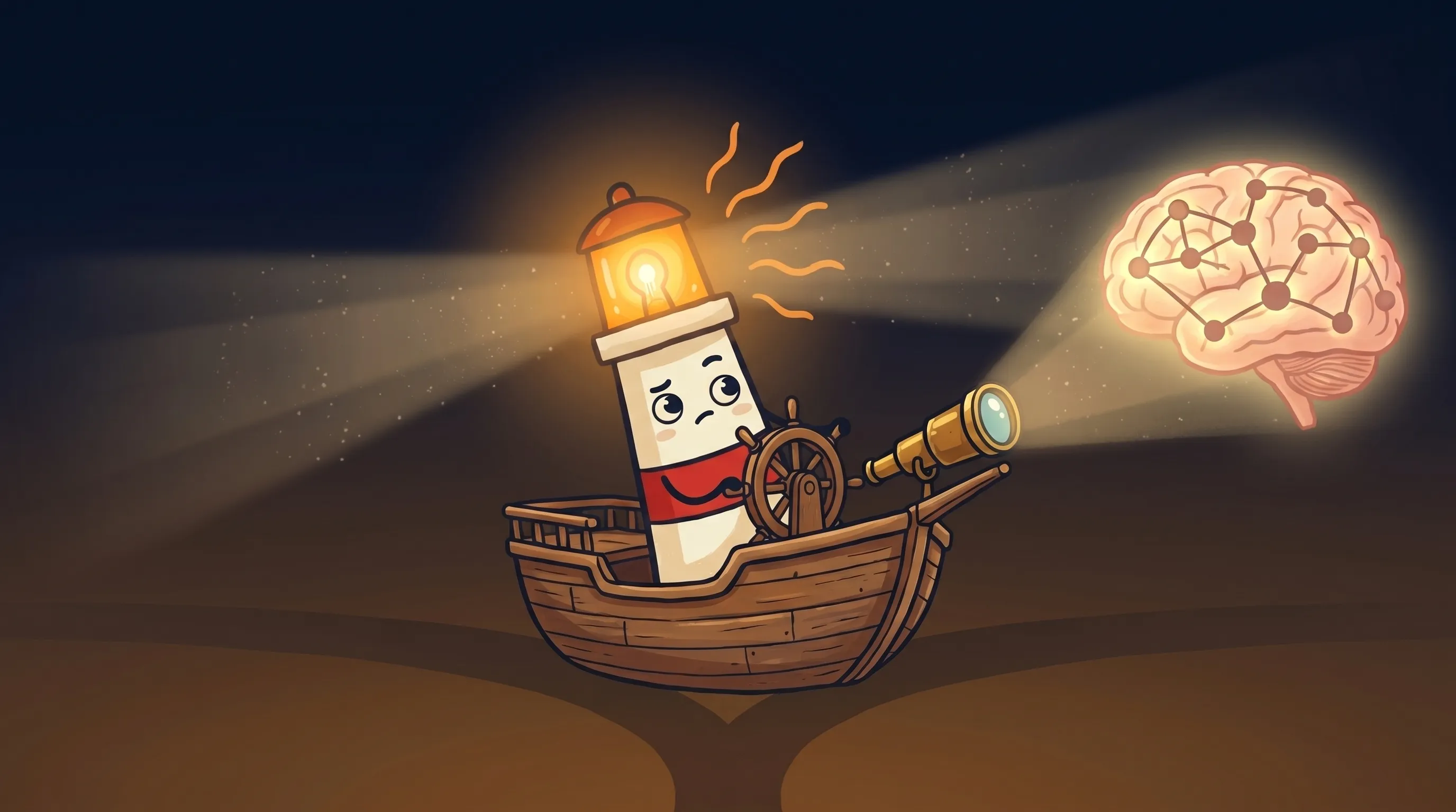 Beacon the lighthouse illuminating a glowing brain with memory nodes, symbolizing AI agent context retention.
