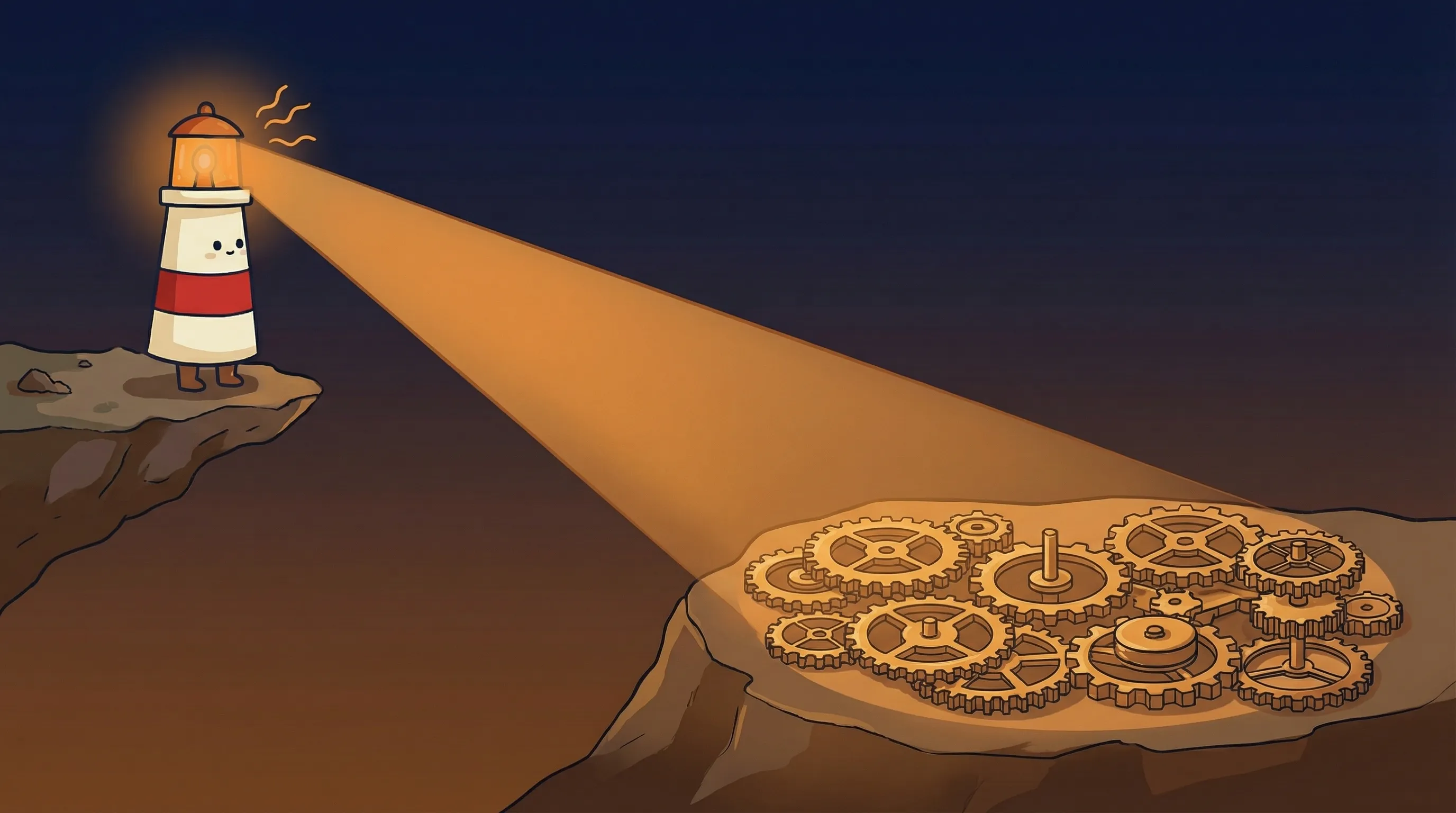 Beacon the lighthouse illuminating a group of small AI agent figures working together as a research team on dark navy back...