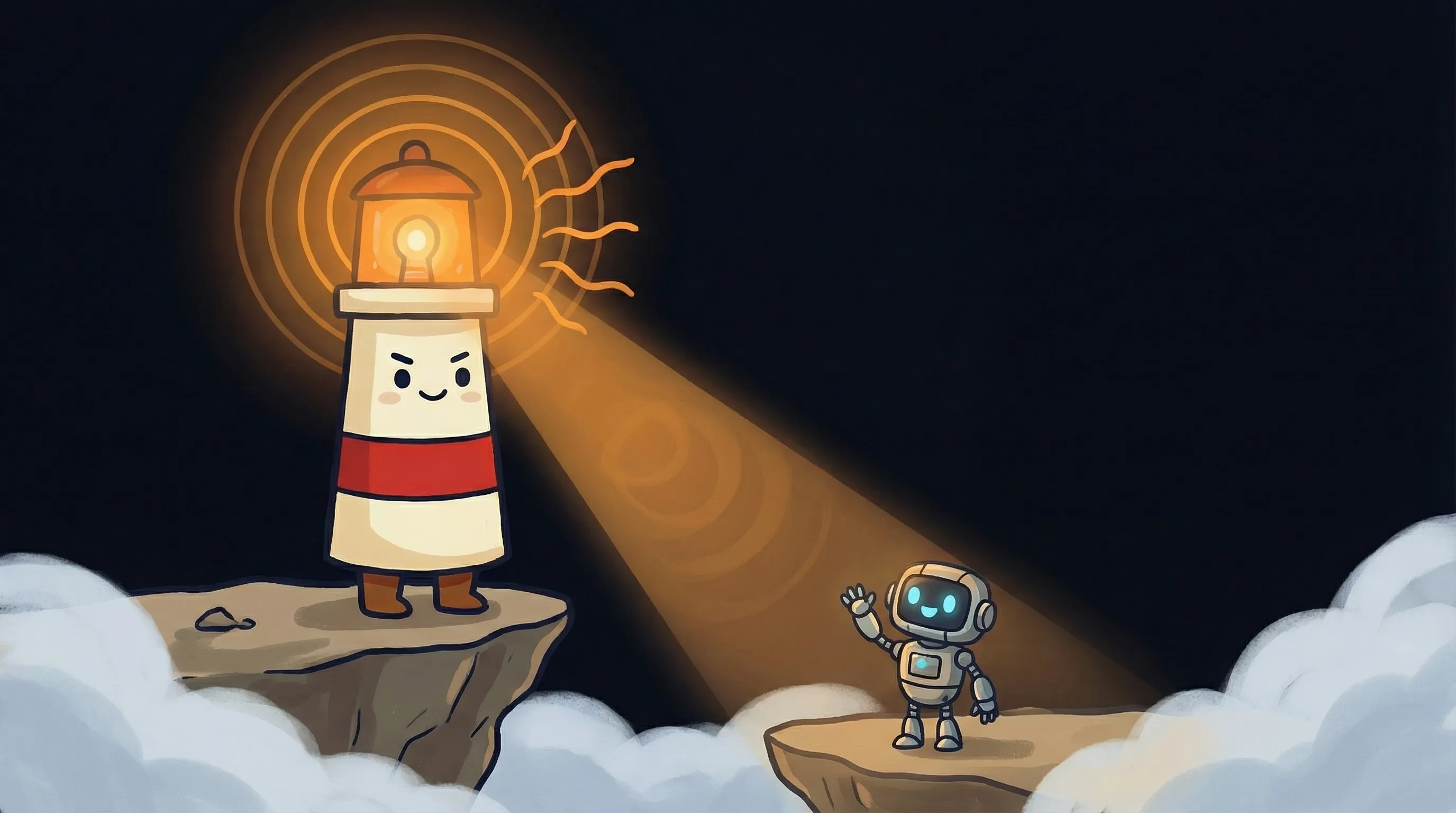 Beacon the lighthouse character with red stripe and glowing amber light shining onto a personal AI assistant interface.