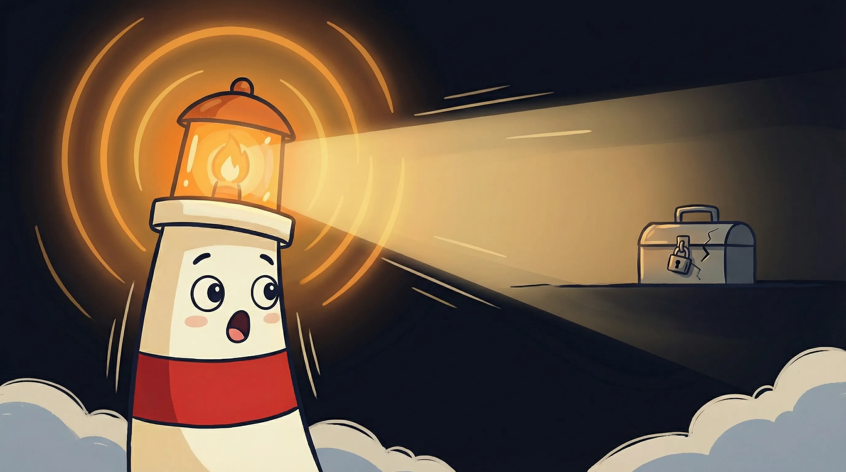 Beacon the lighthouse illuminating a chat bubble and a robot icon, contrasting chatbots with AI agents.