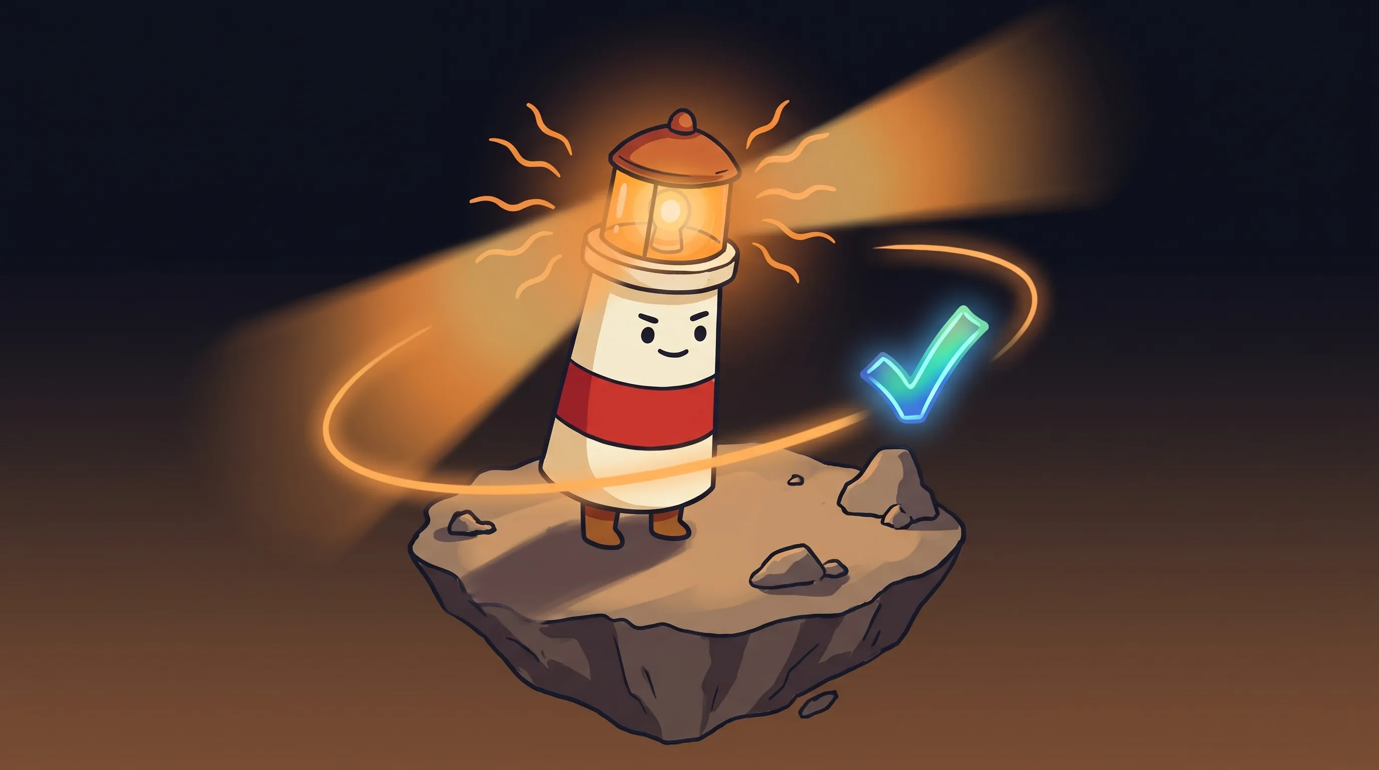 Beacon the lighthouse character shines its amber glow on a small business phone and calendar for AI follow-up tasks.