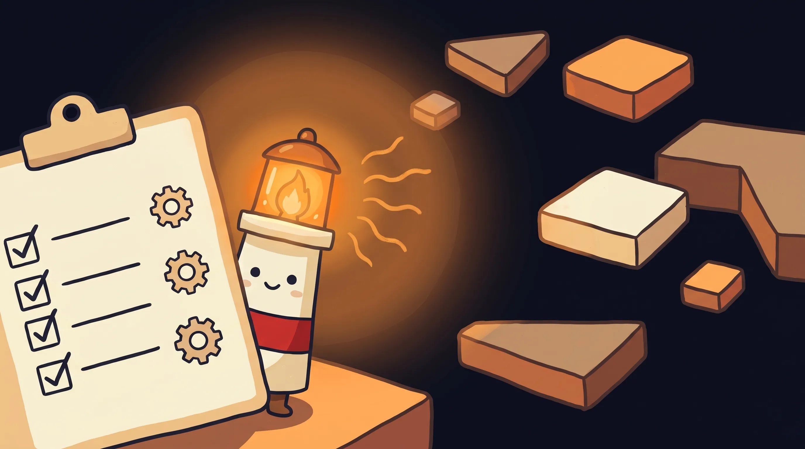 Beacon the lighthouse illuminating a glowing laptop surrounded by AI tool icons, cream body with red stripe, amber light b...
