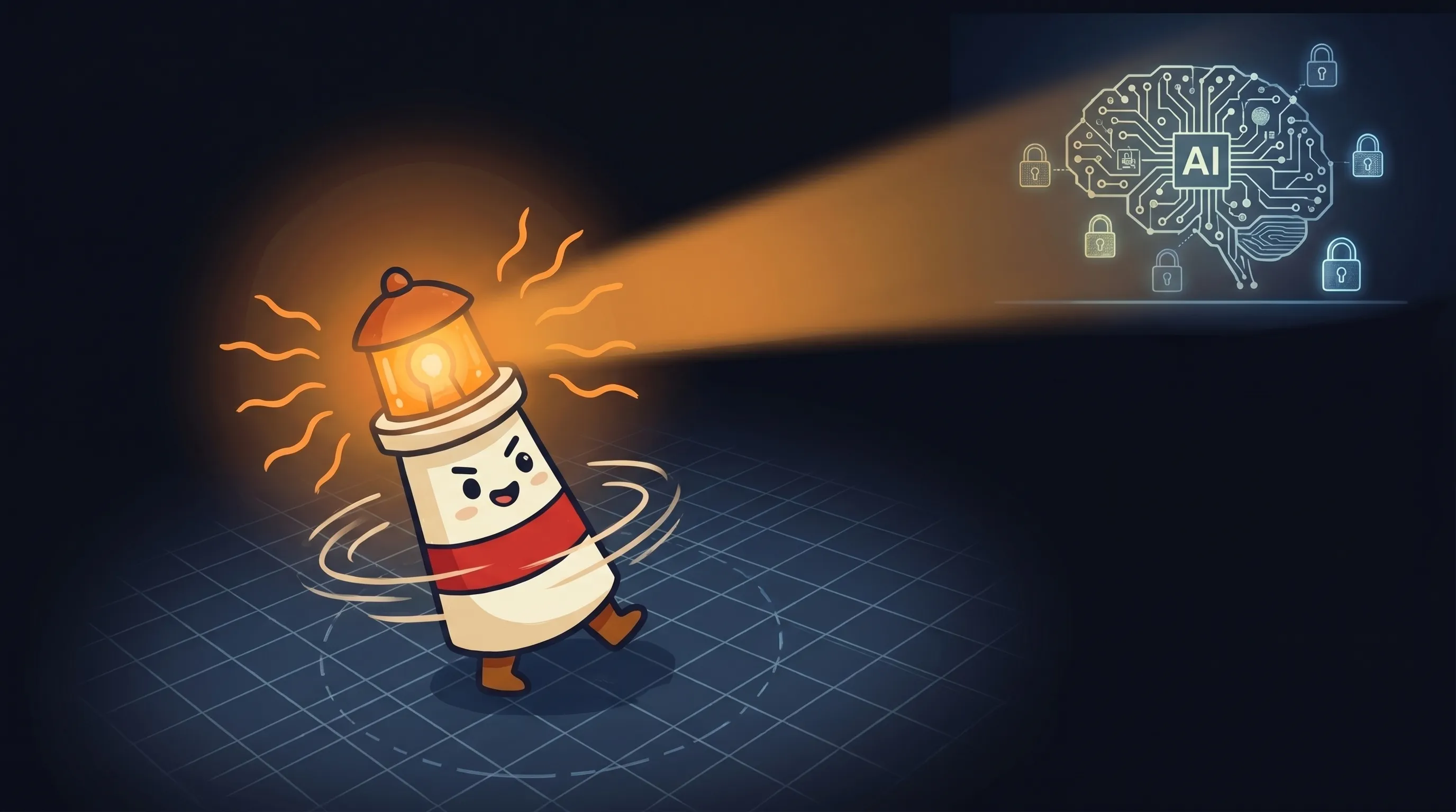 Beacon the lighthouse illuminating a glowing AI brain circuit, symbolizing memory risks and governance in agentic systems.