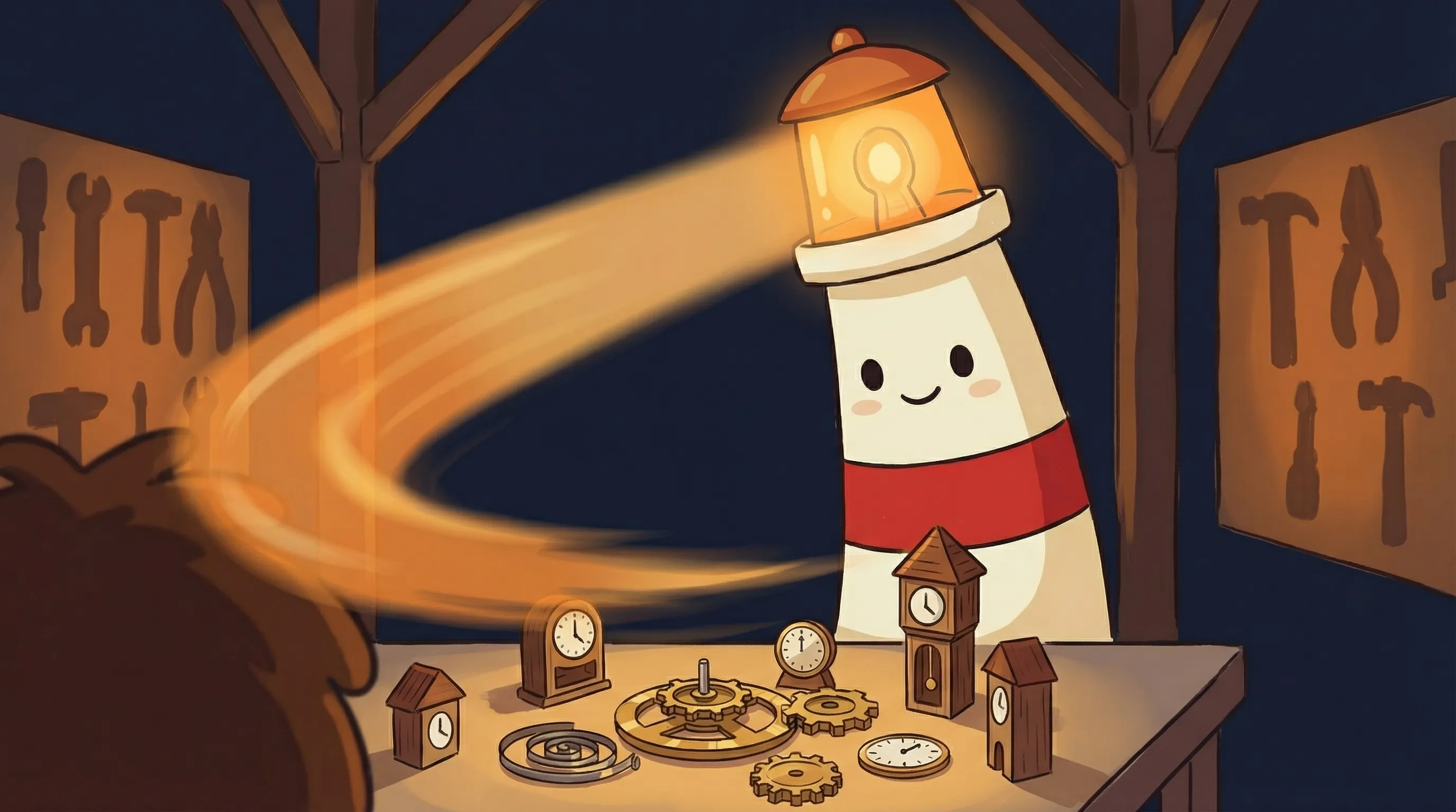 Beacon the lighthouse illuminating a checklist, its amber glow highlighting five tasks for an AI agent's first week.