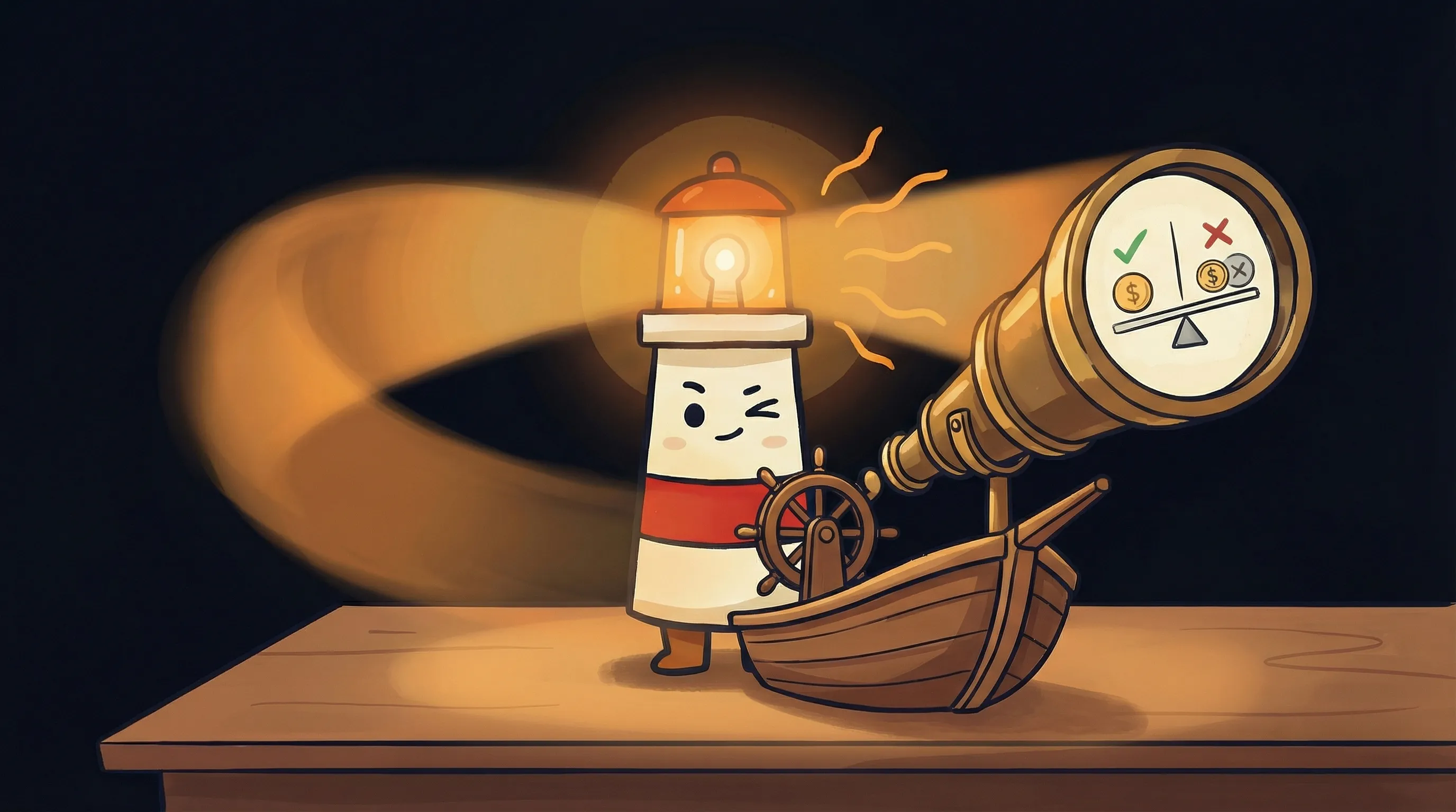 Beacon the lighthouse illuminating a pricing table with dollar signs, its amber light casting a warm glow on API cost comp...