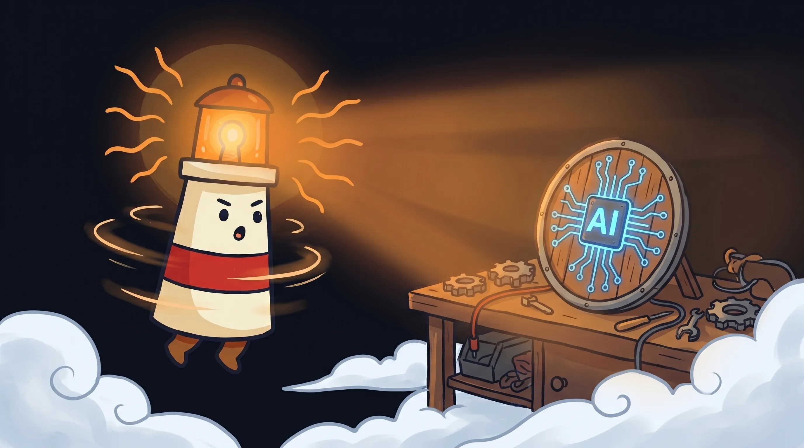 Beacon the lighthouse illuminating a glowing AI cybersecurity shield, cream body with red stripe, amber light beaming on d...