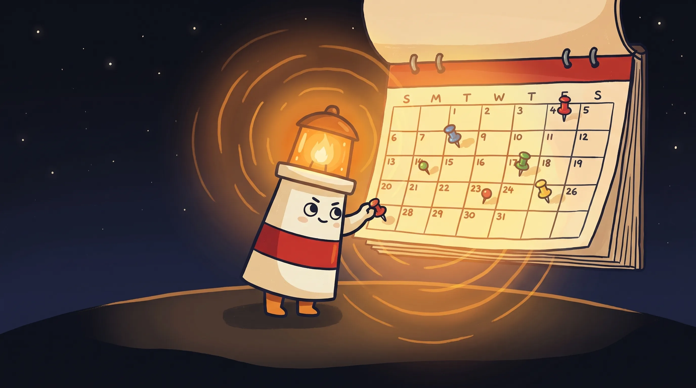 Cartoon lantern mascot with glowing amber top and red stripe pinning dates on a large wall calendar against a dark...