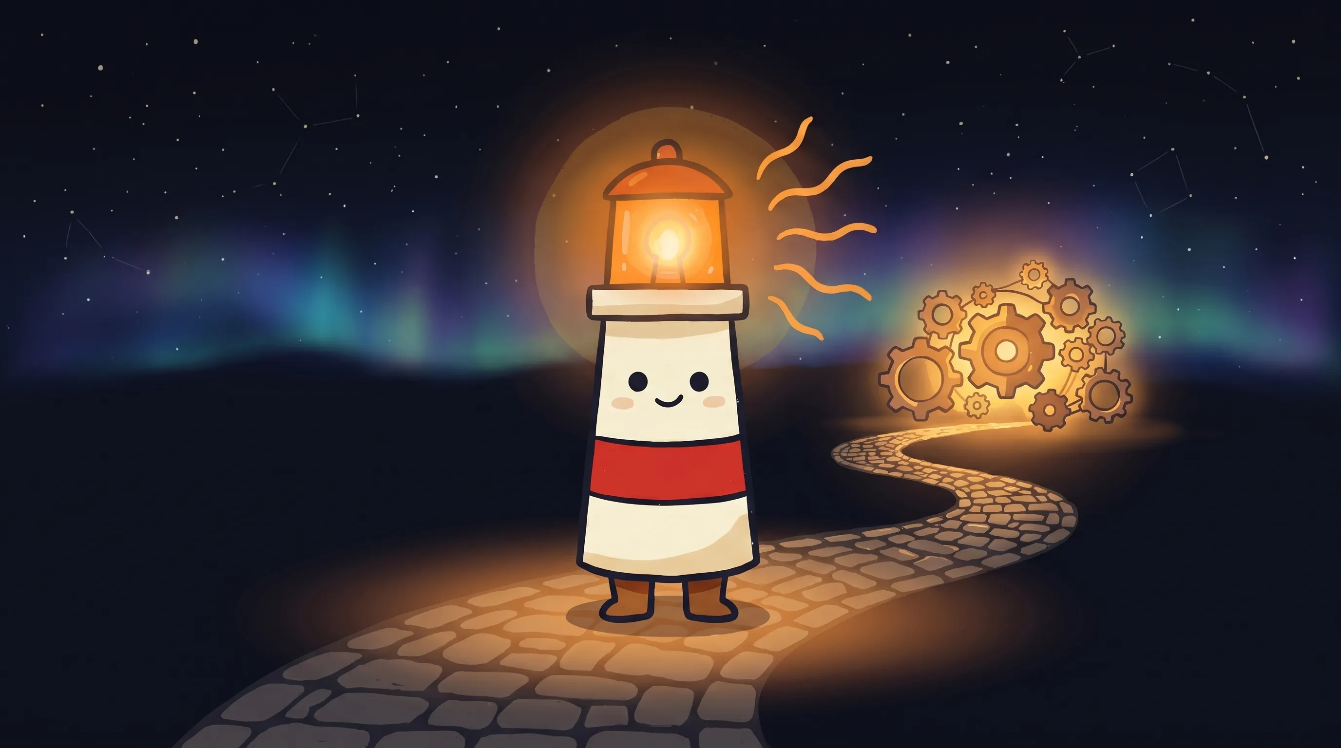 Cute cartoon lighthouse character with red stripe and glowing orange lantern stands on a cobblestone path under a starry...