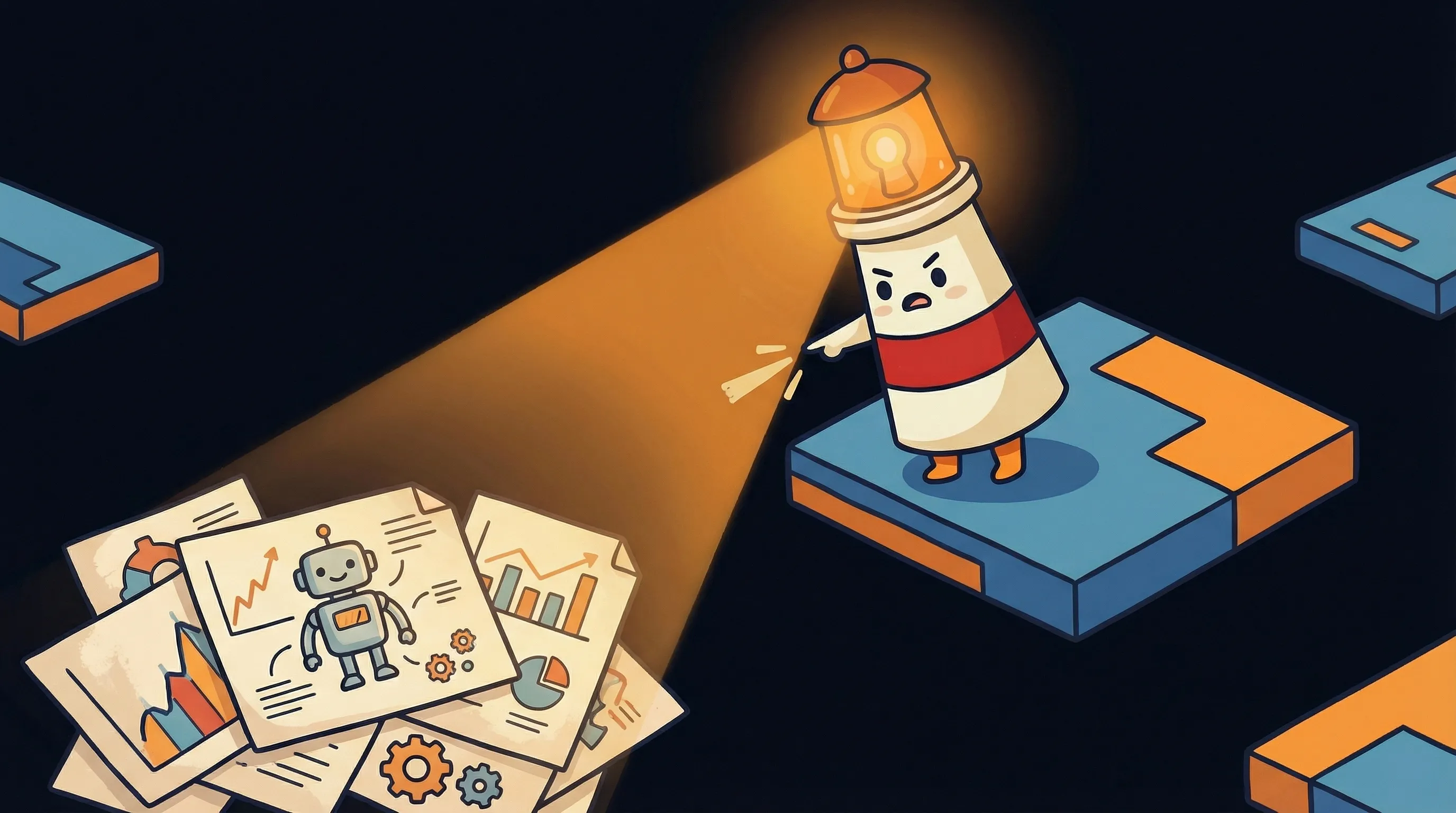 Beacon the lighthouse character shining its amber glow onto a stock earnings chart on a dark navy background.