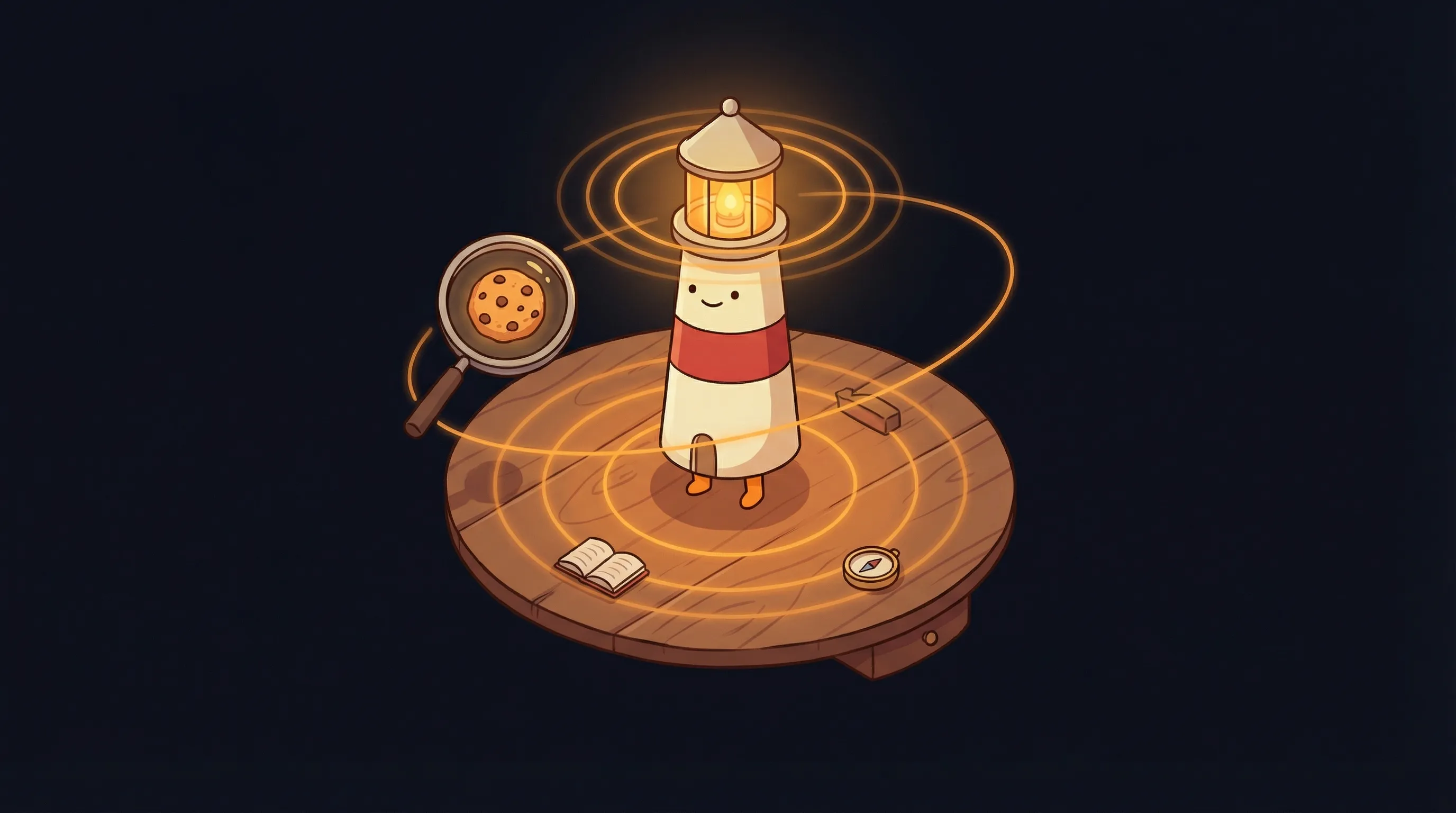 Beacon the lighthouse character shining light on a food journal and glowing amber symbols representing sensitivity pattern...