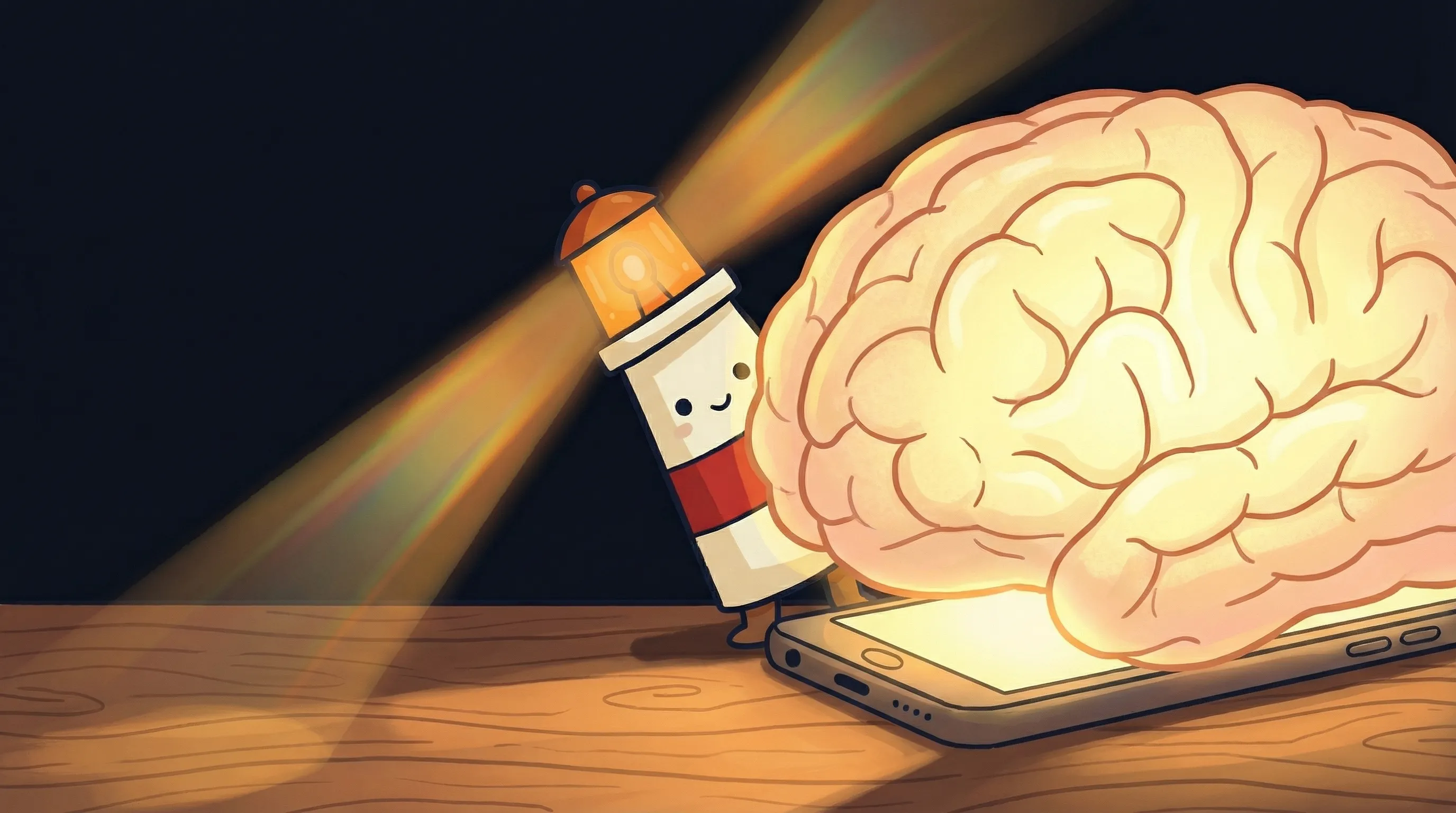 Beacon the lighthouse character shining light on a glowing smartphone, symbolizing an AI second brain you can text.