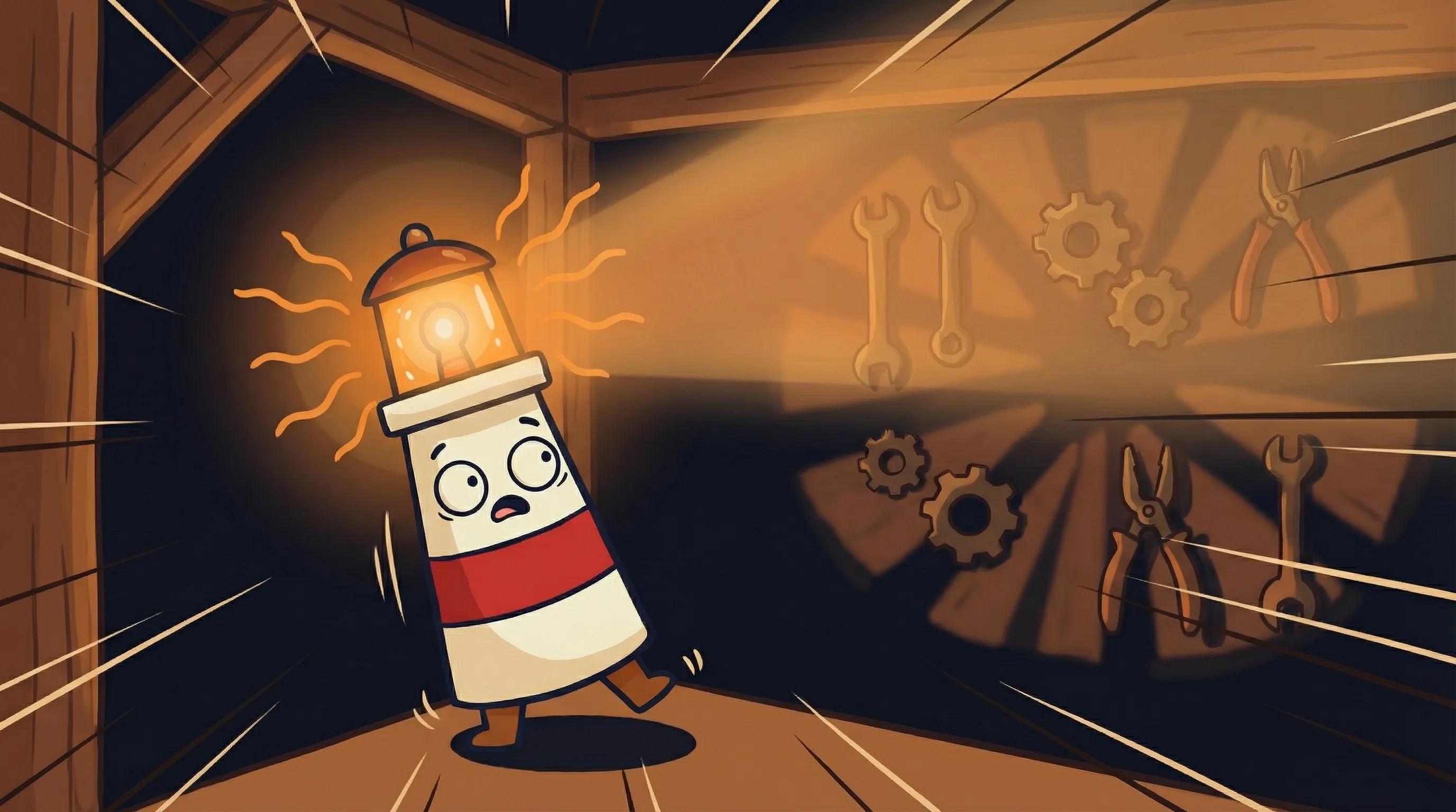 Beacon the lighthouse illuminating a futuristic robot, glowing amber light overhead, cream body with red stripe on navy ba...
