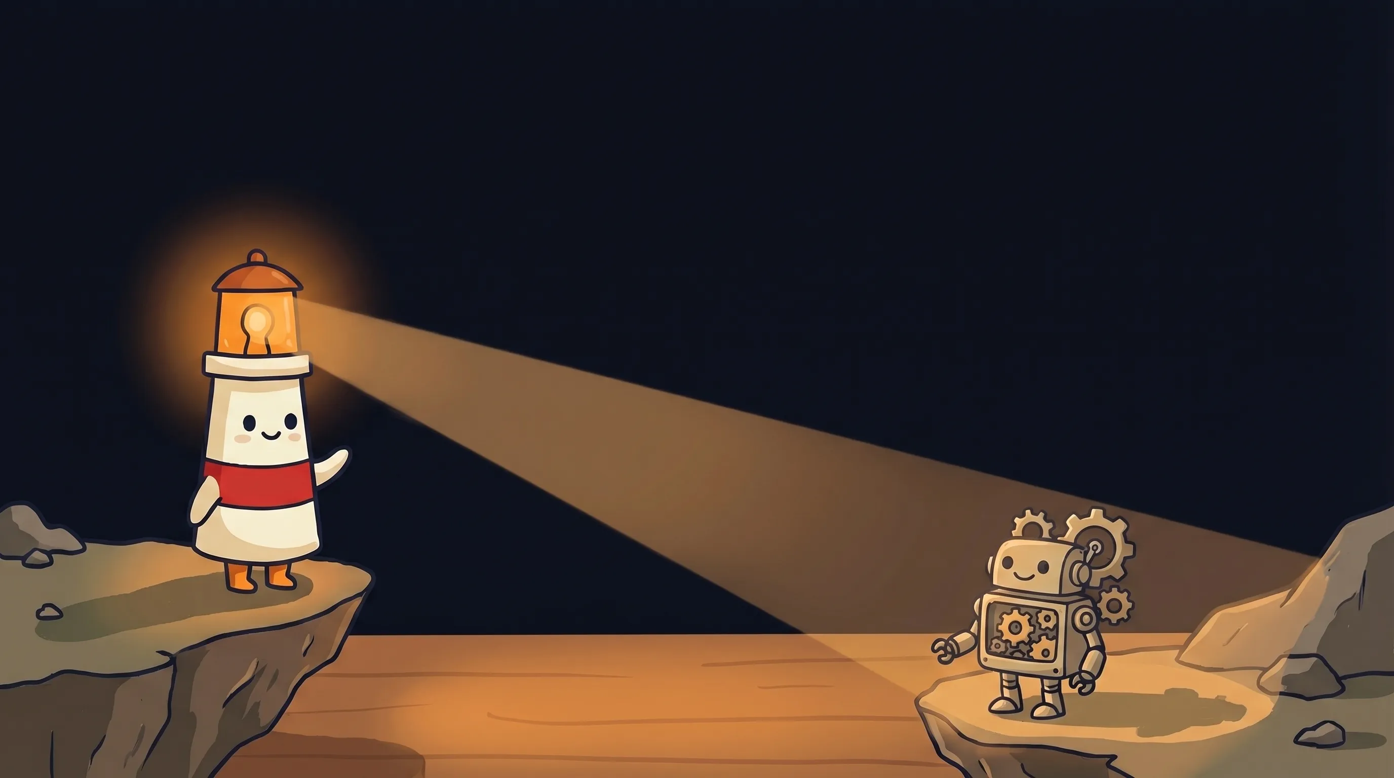Beacon the lighthouse character shining amber light onto a digital workflow checklist on a dark navy background.