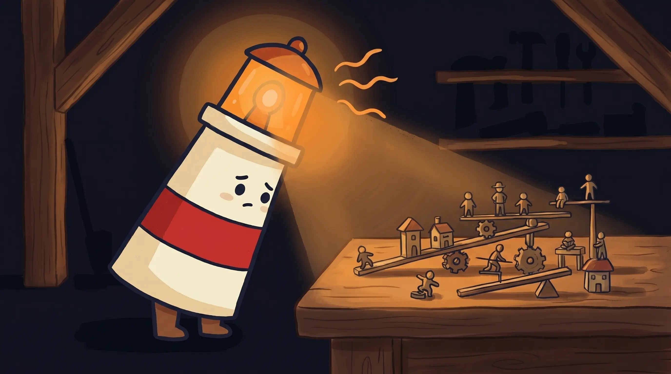 Beacon the lighthouse mascot shining its amber glow onto a dollar sign and robot icon on a dark navy background.