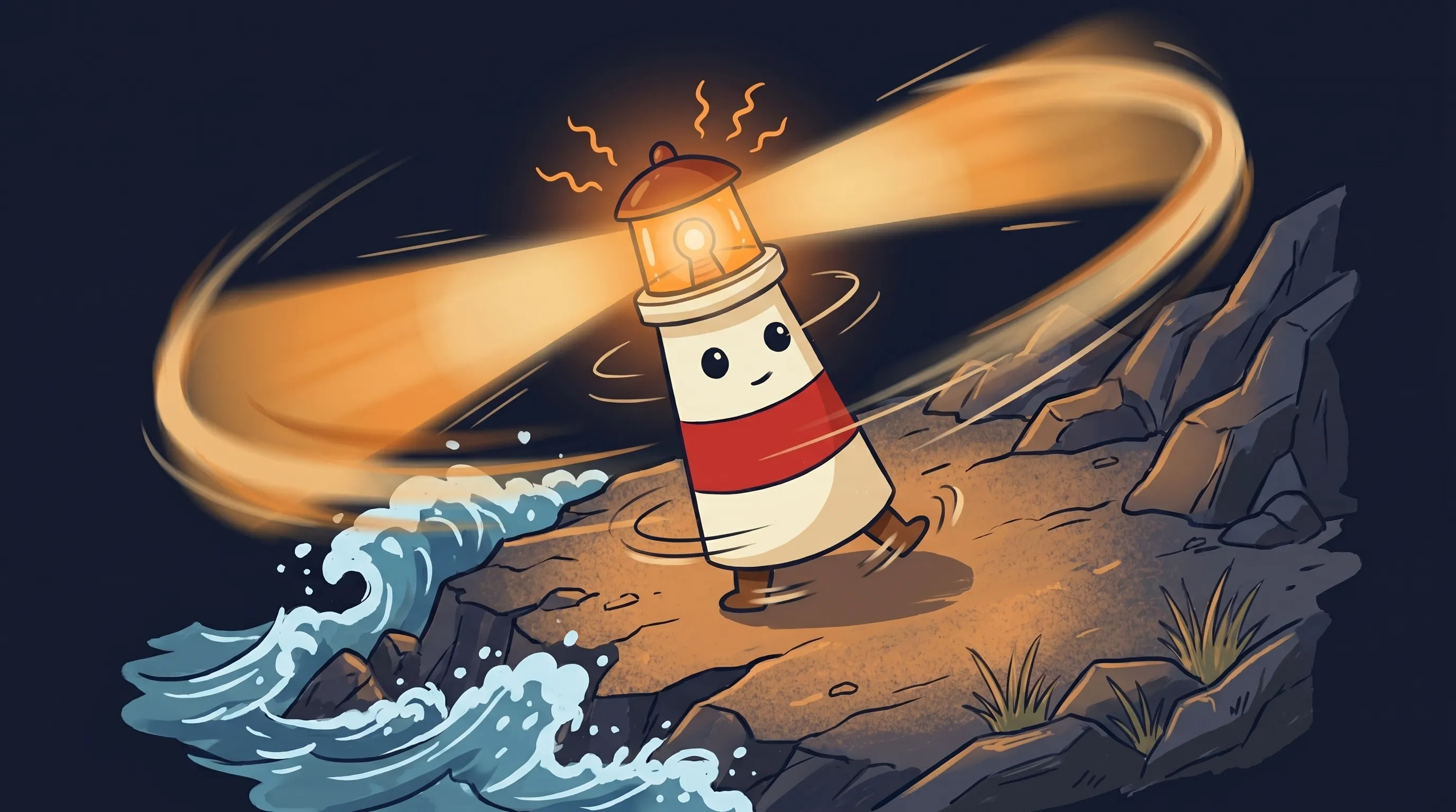 Beacon the lighthouse illuminating a glowing AI-powered shopping cart, symbolizing VTEX's e-commerce innovation.