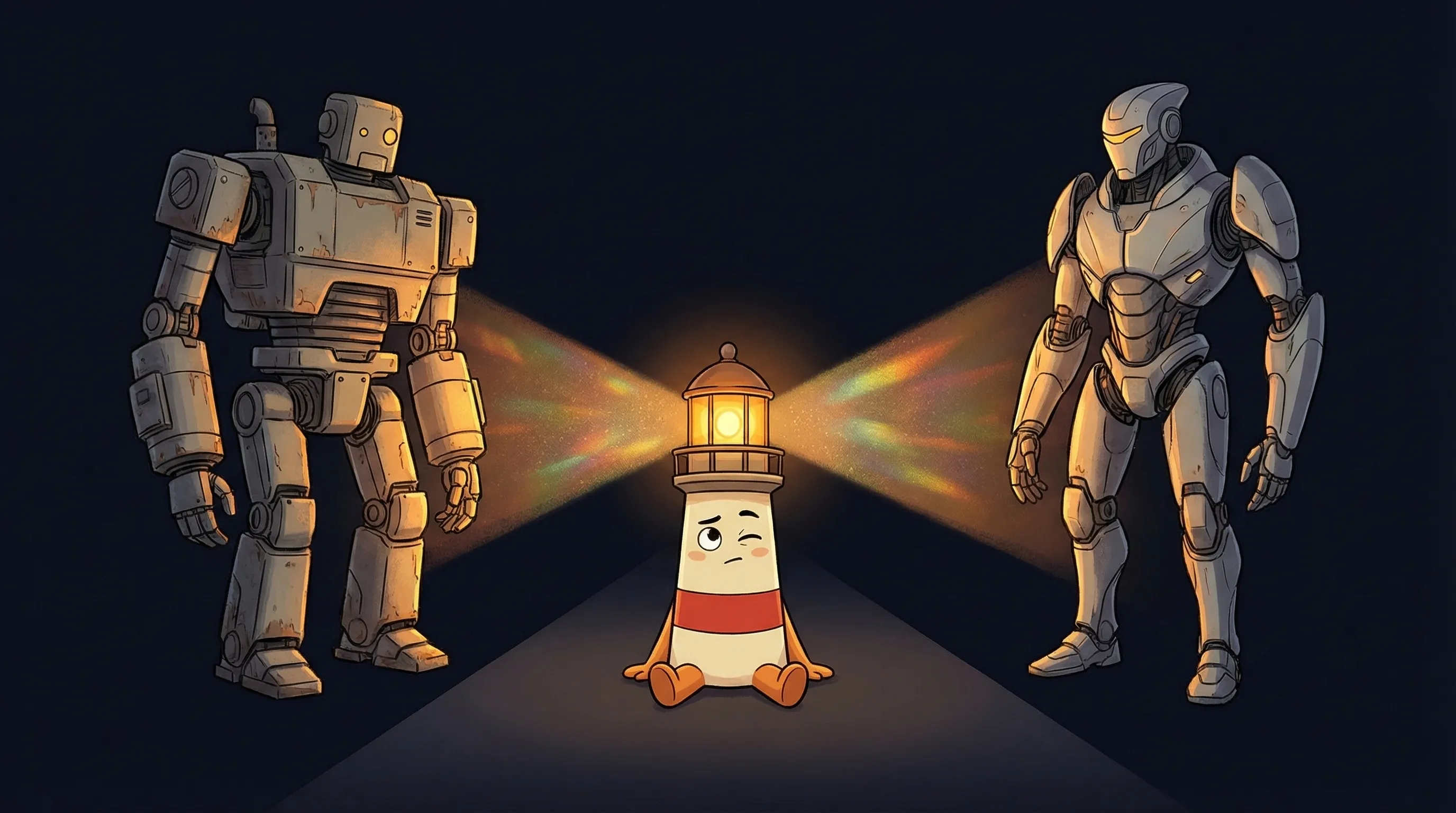 Beacon the lighthouse illuminating two AI figures—a helpful assistant and an autonomous agent—on a dark navy background.