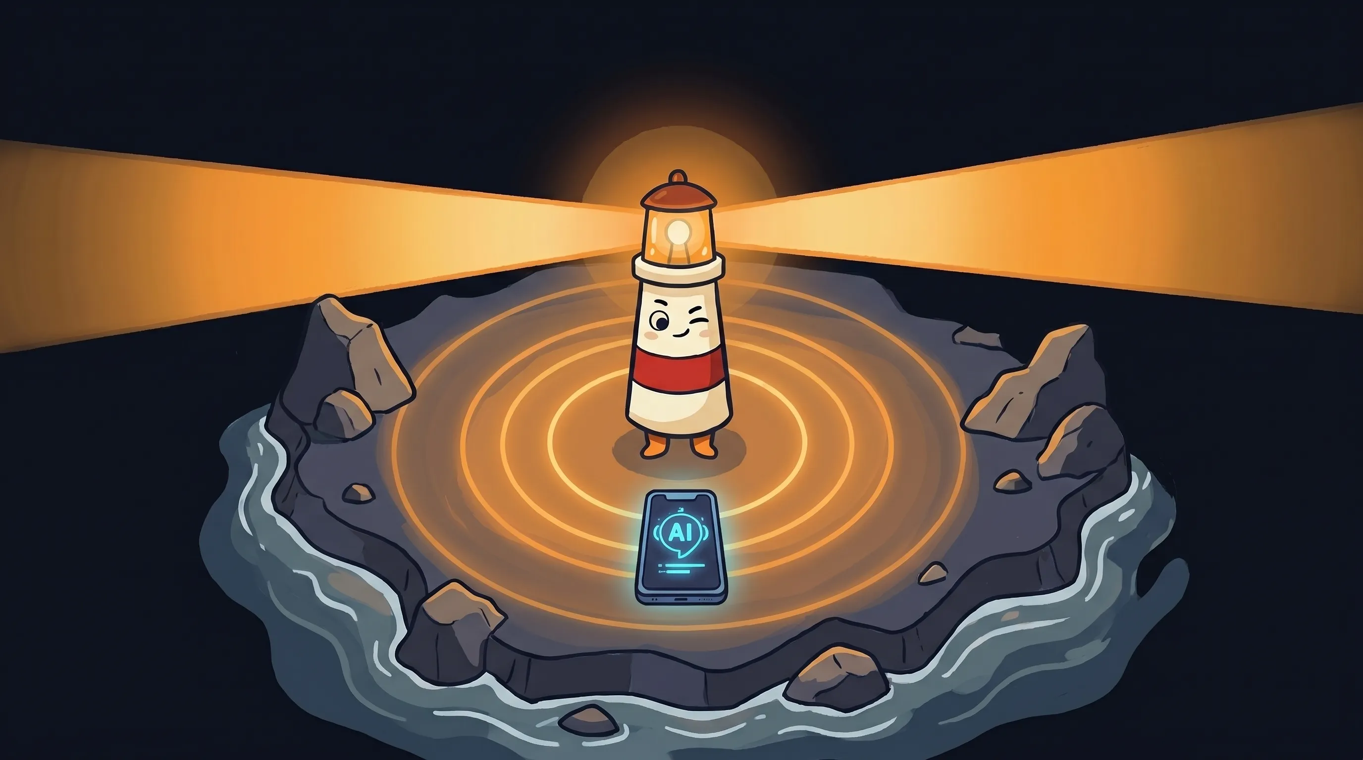 Beacon the lighthouse illuminating a ringing phone, cream body with red stripe, amber glow, on dark navy background.