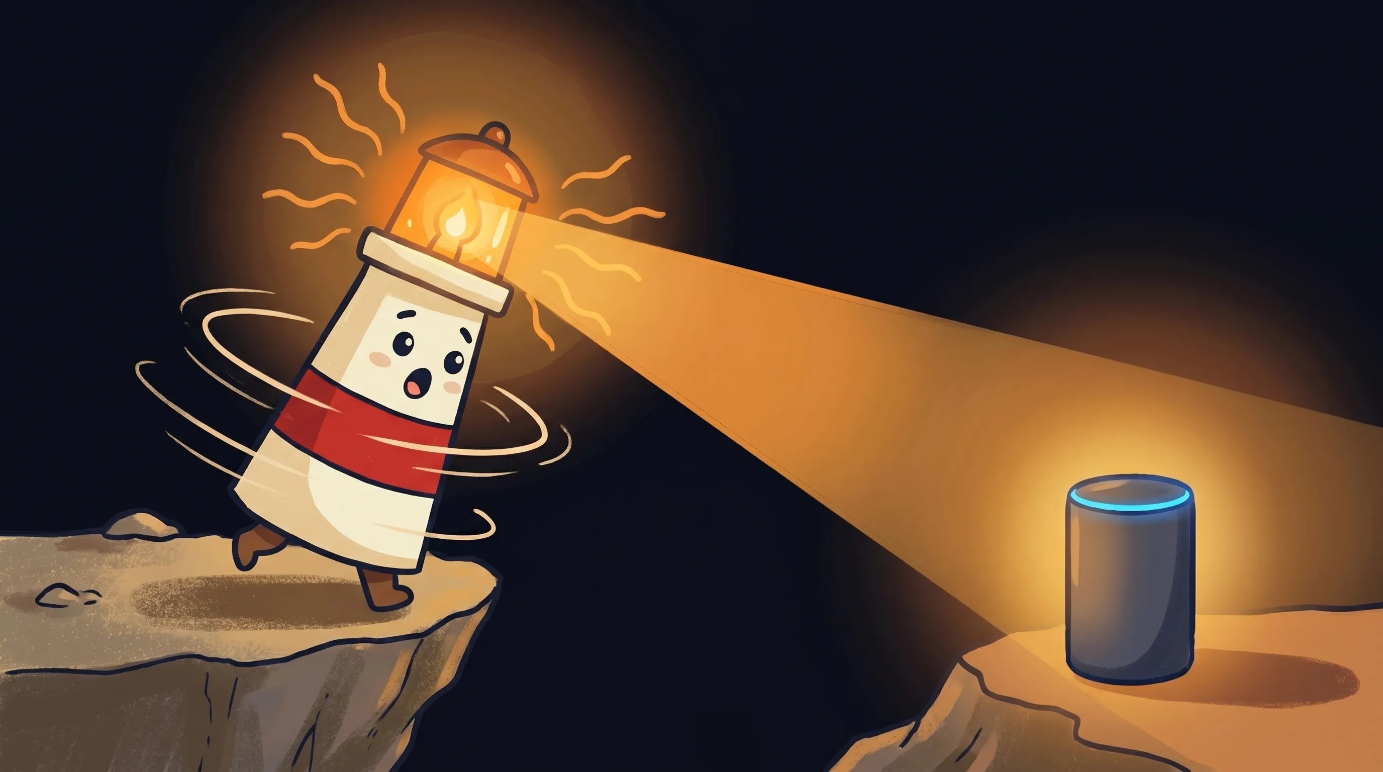 Beacon the lighthouse illuminating a glowing AI assistant device, cream body with red stripe, amber light shining warmly o...