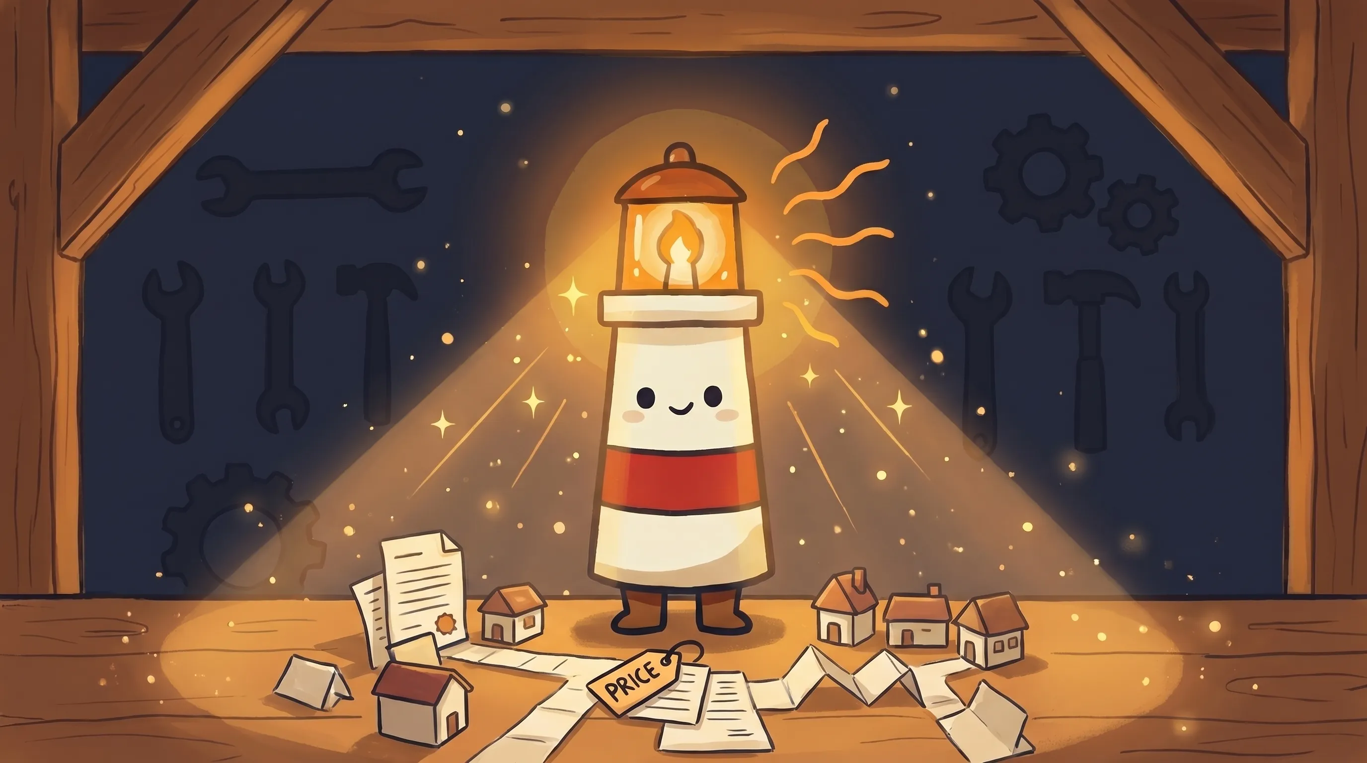 Beacon the lighthouse illuminating a small business quote document, glowing amber light casting a warm beam on the paperwork.