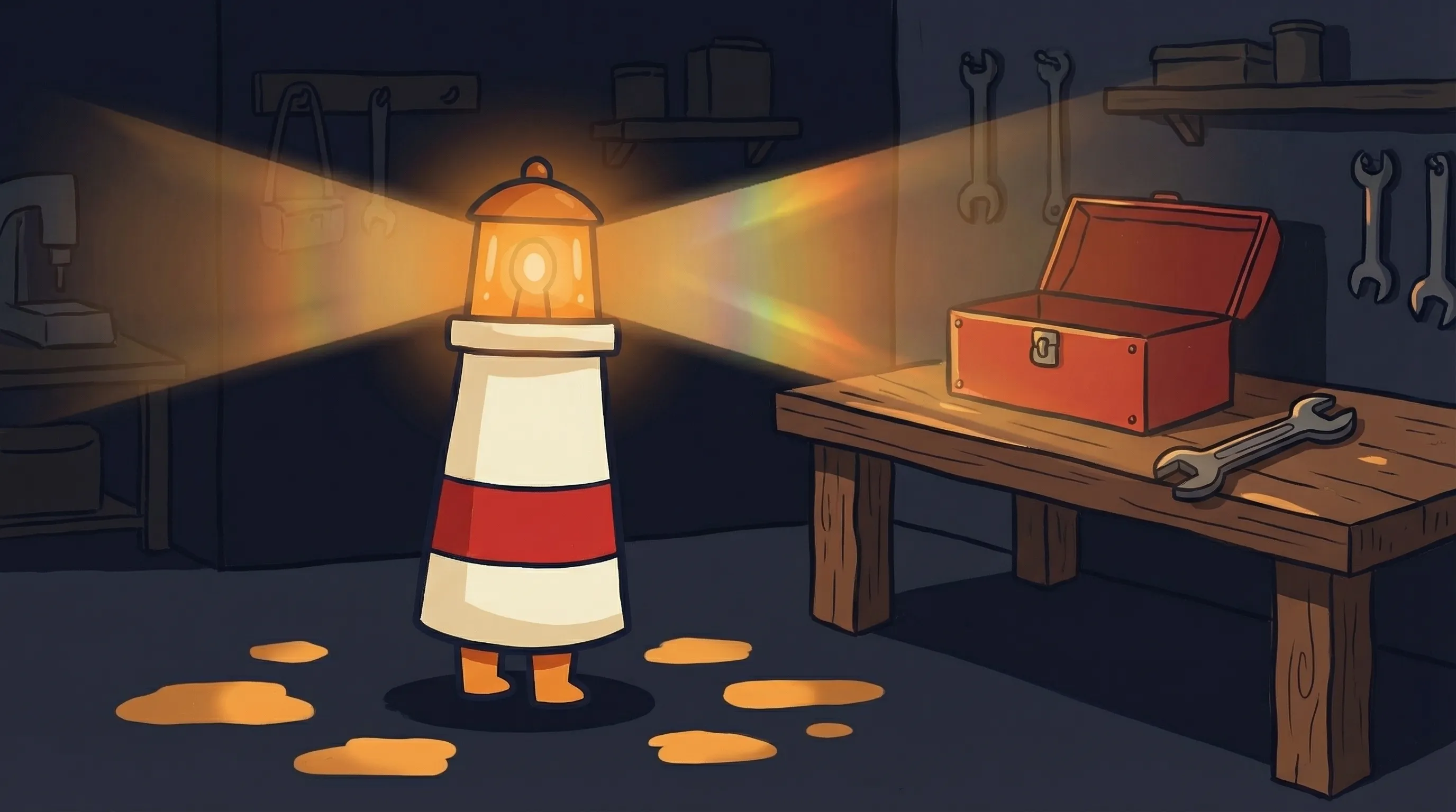Beacon the lighthouse illuminating a glowing AI agent tool stack, cream body with red stripe, amber light beaming down.