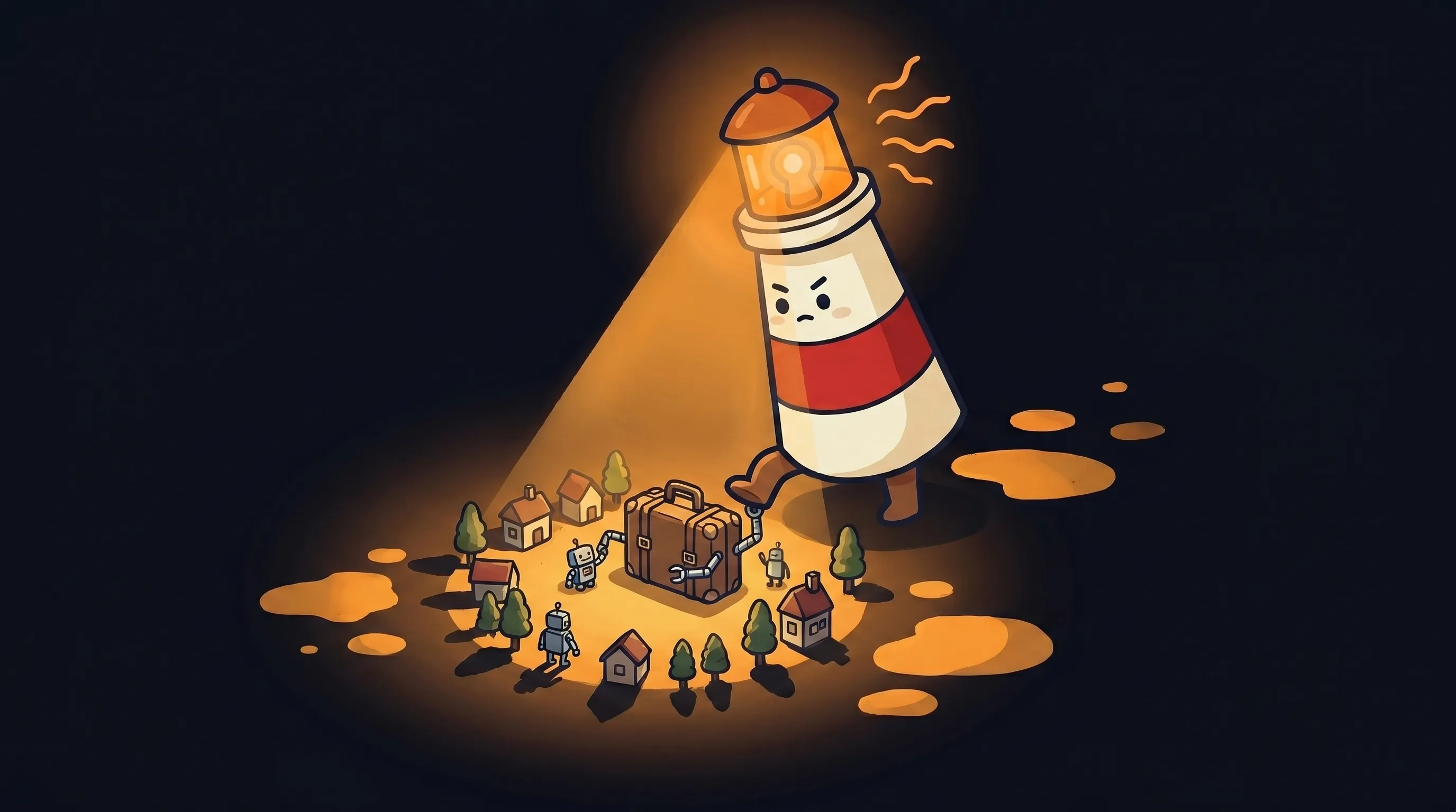 Beacon the lighthouse illuminating a business briefcase, amber light glowing, cream body with red stripe on navy background.