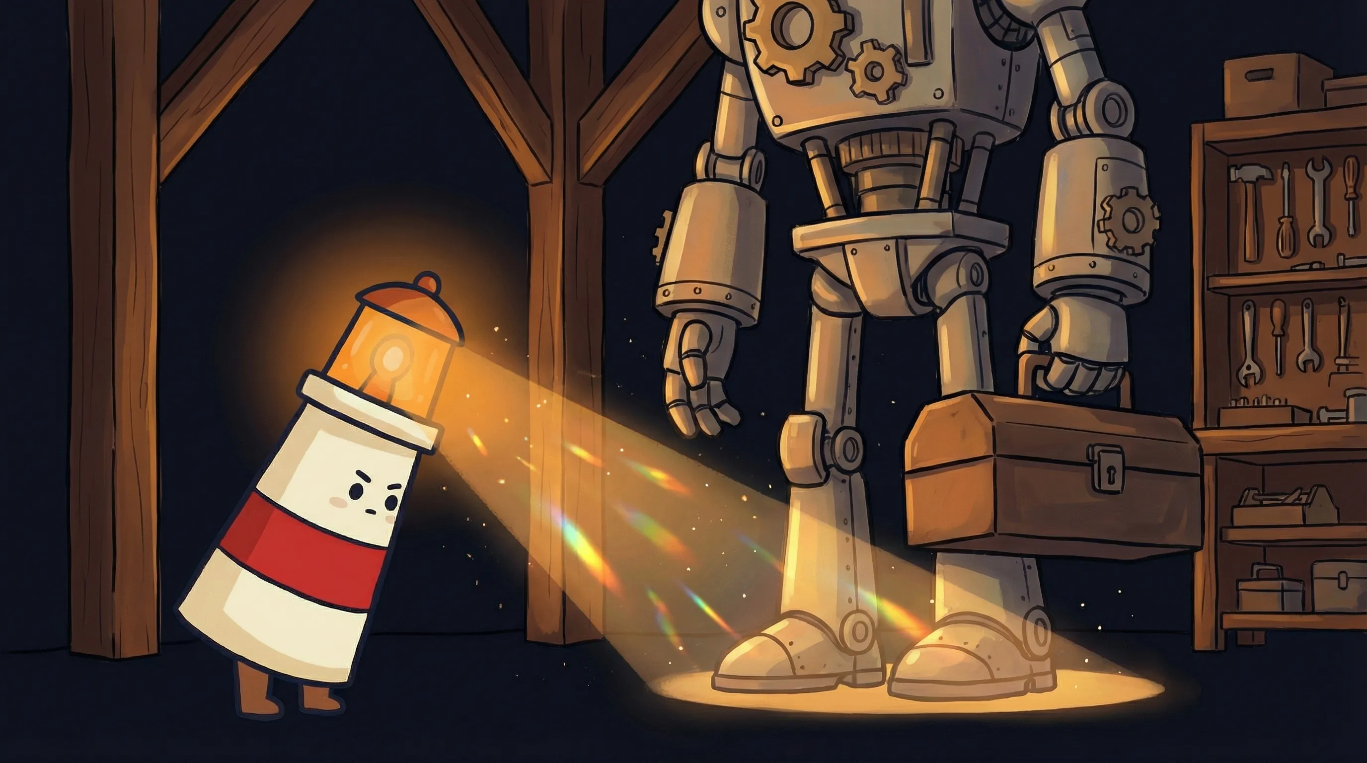 Beacon the lighthouse illuminating a robot performing tasks, symbolizing AI agents and their real-world applications.