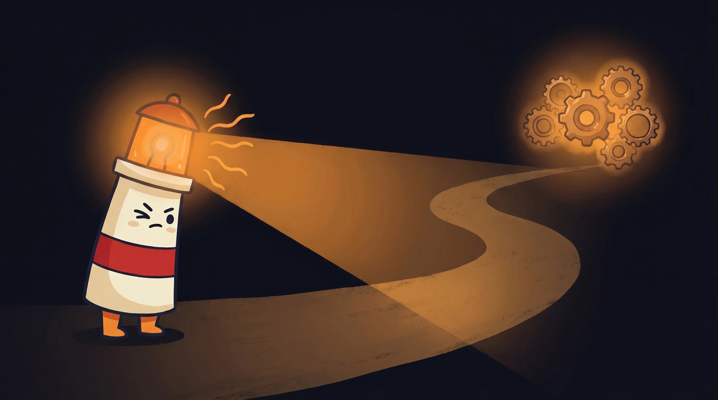 Cartoon lighthouse character with glowing lantern shines a beam down a winding dark path toward floating illuminated gears.