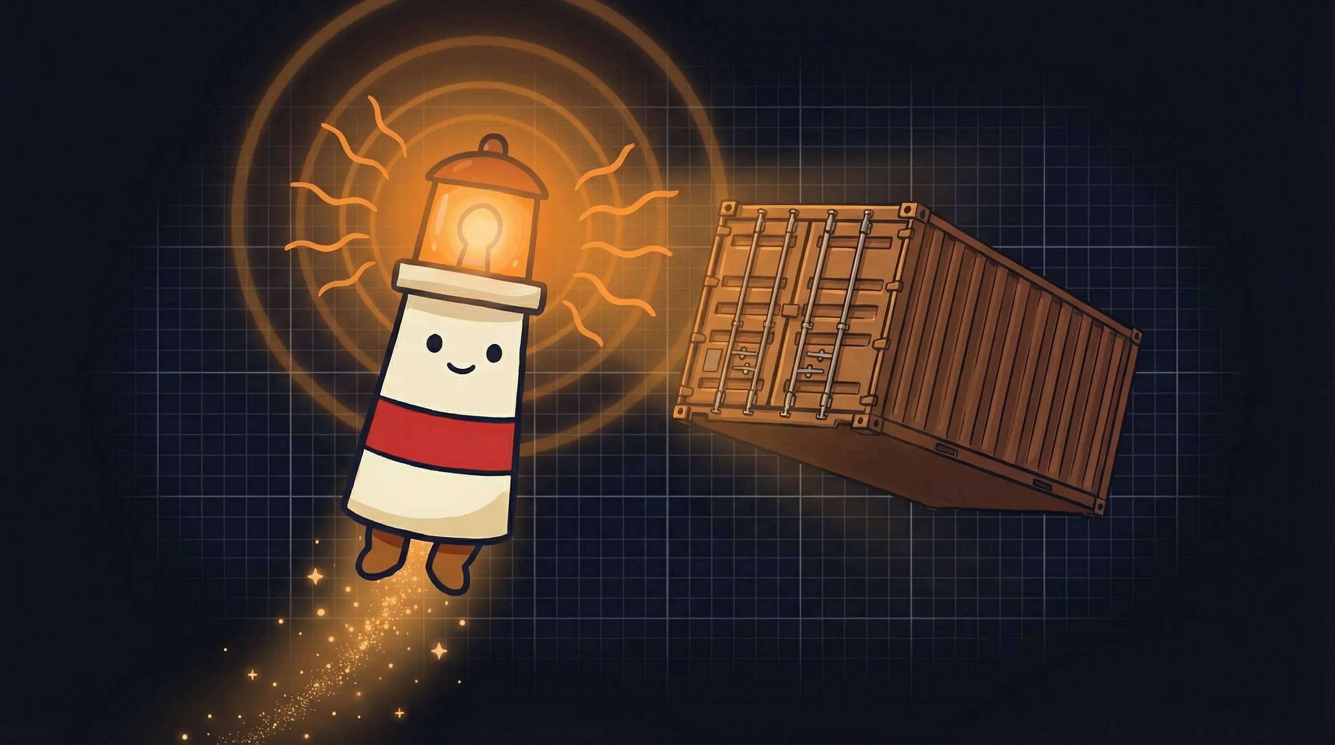 Beacon the lighthouse illuminating a locked container, symbolizing secure data isolation with its warm amber glow.
