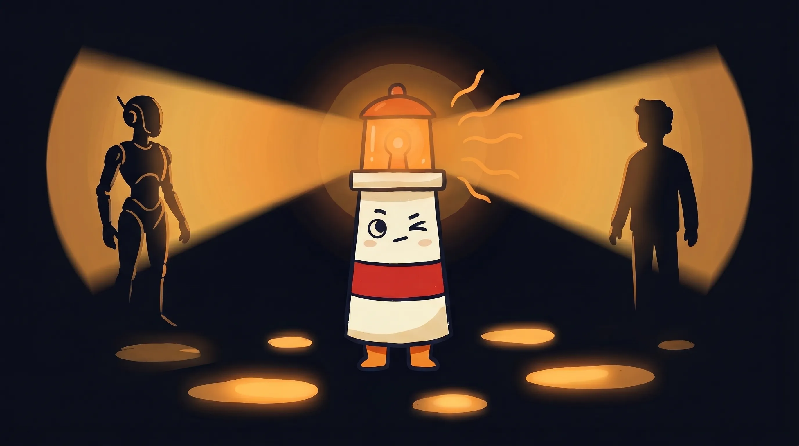 Beacon the lighthouse illuminating a price tag and dollar sign, comparing AI and virtual assistant costs for small busines...
