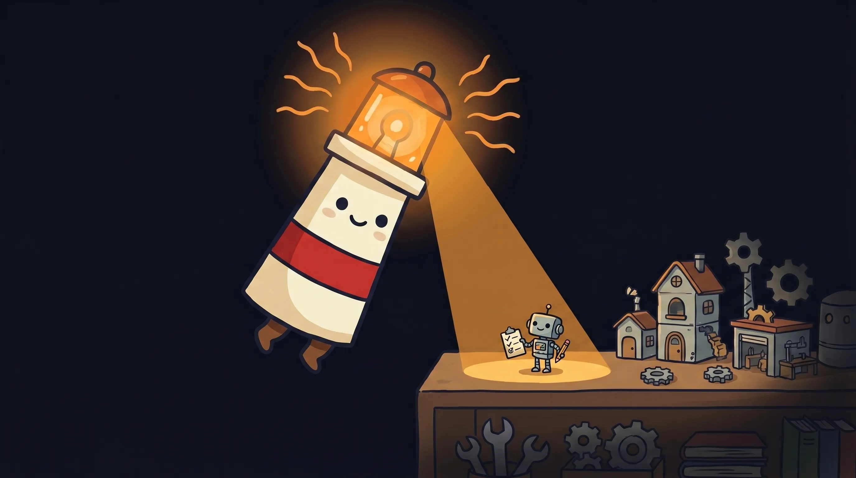 Beacon the lighthouse illuminating a small business checklist and AI assistant interface on a dark navy background.