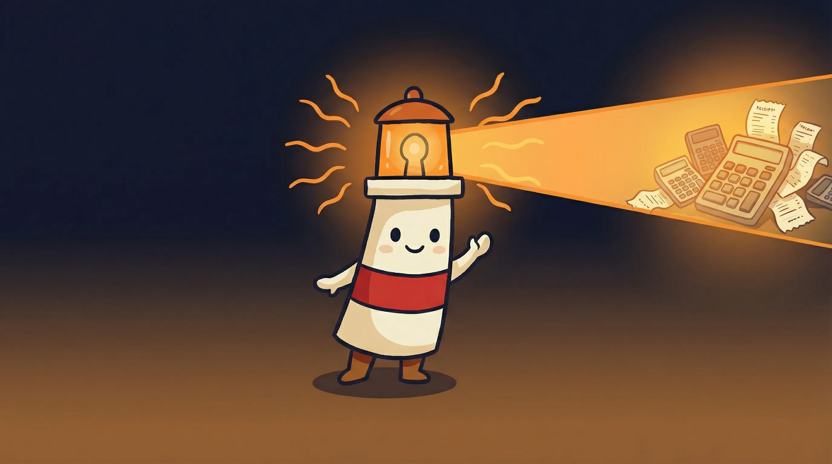 Beacon the lighthouse illuminating a price tag with dollar signs, representing AI agent costs on a dark navy background.