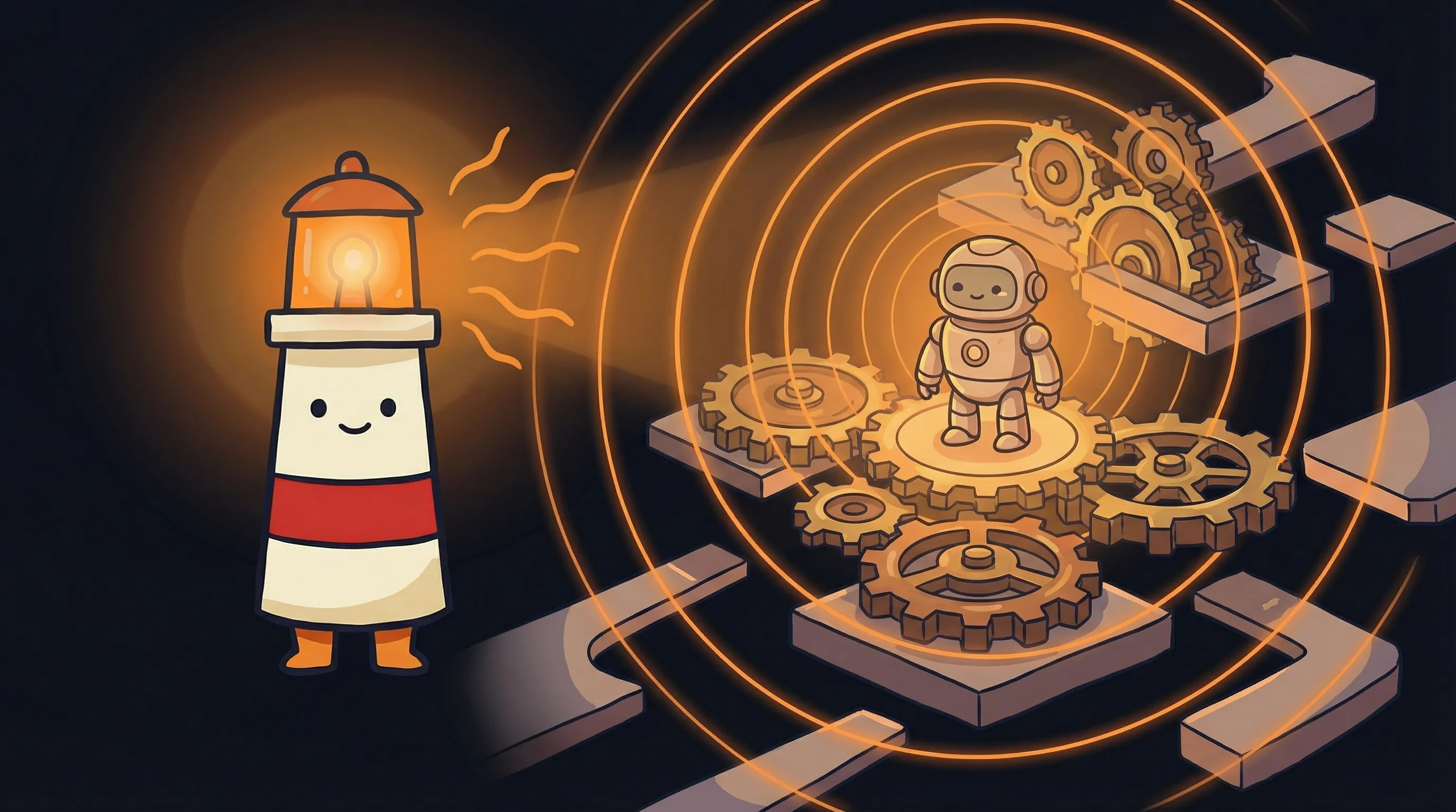 Beacon the lighthouse character shining a warm amber glow onto a glowing AI agent platform interface on dark navy.