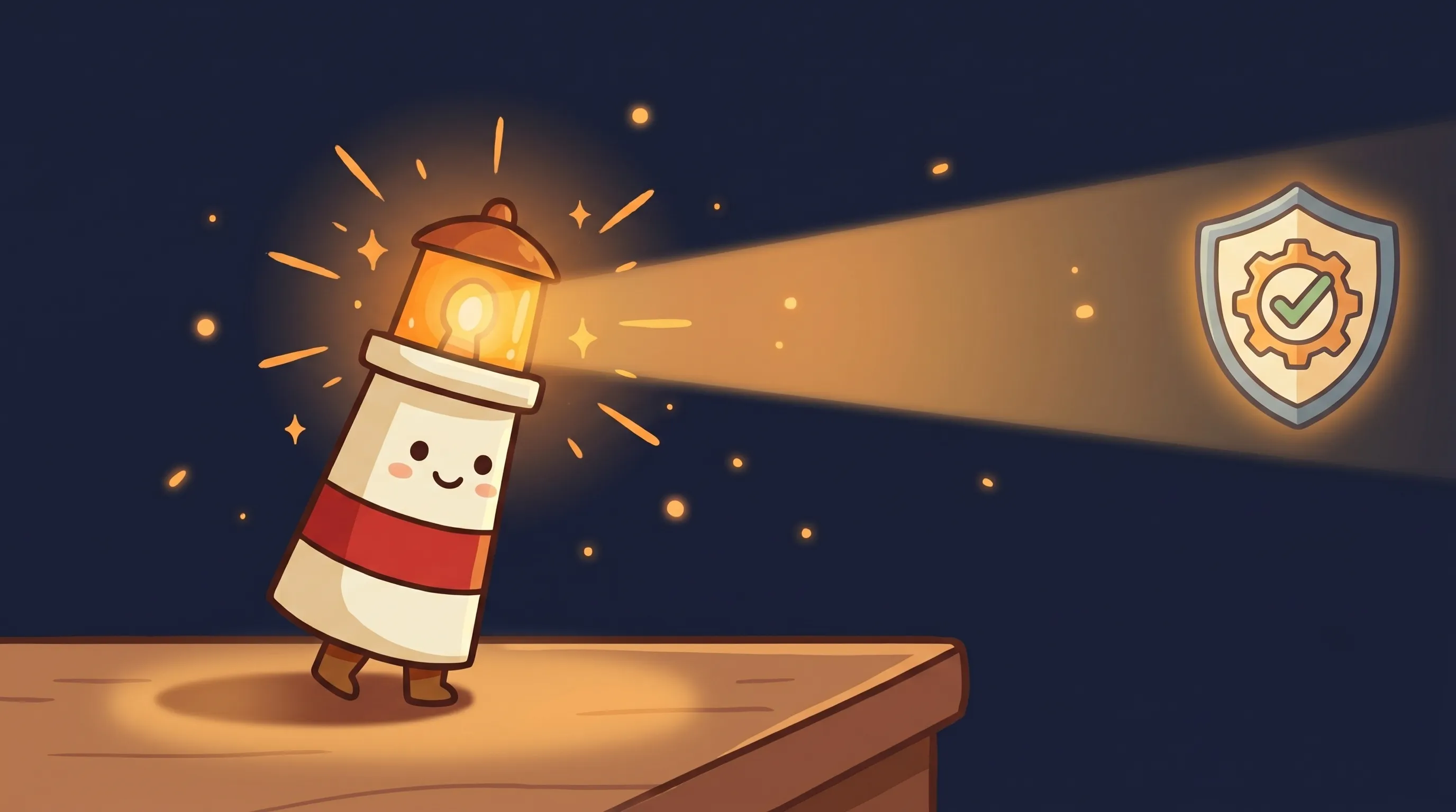 Beacon the lighthouse character shining a warm amber glow onto a diagram of an AI governance platform framework.