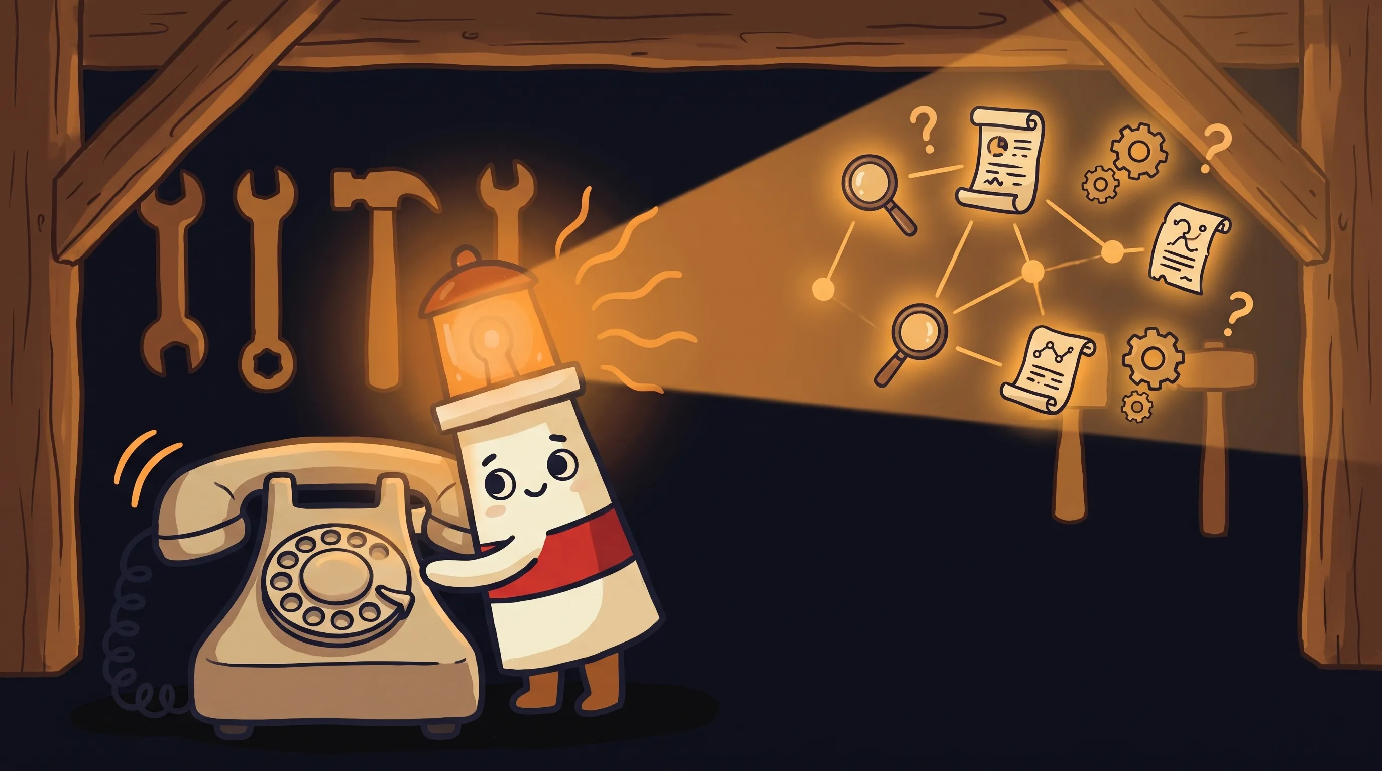 Cartoon lantern mascot Beacon glows beside a rotary phone in a dark mine, shining light on floating search, document,...