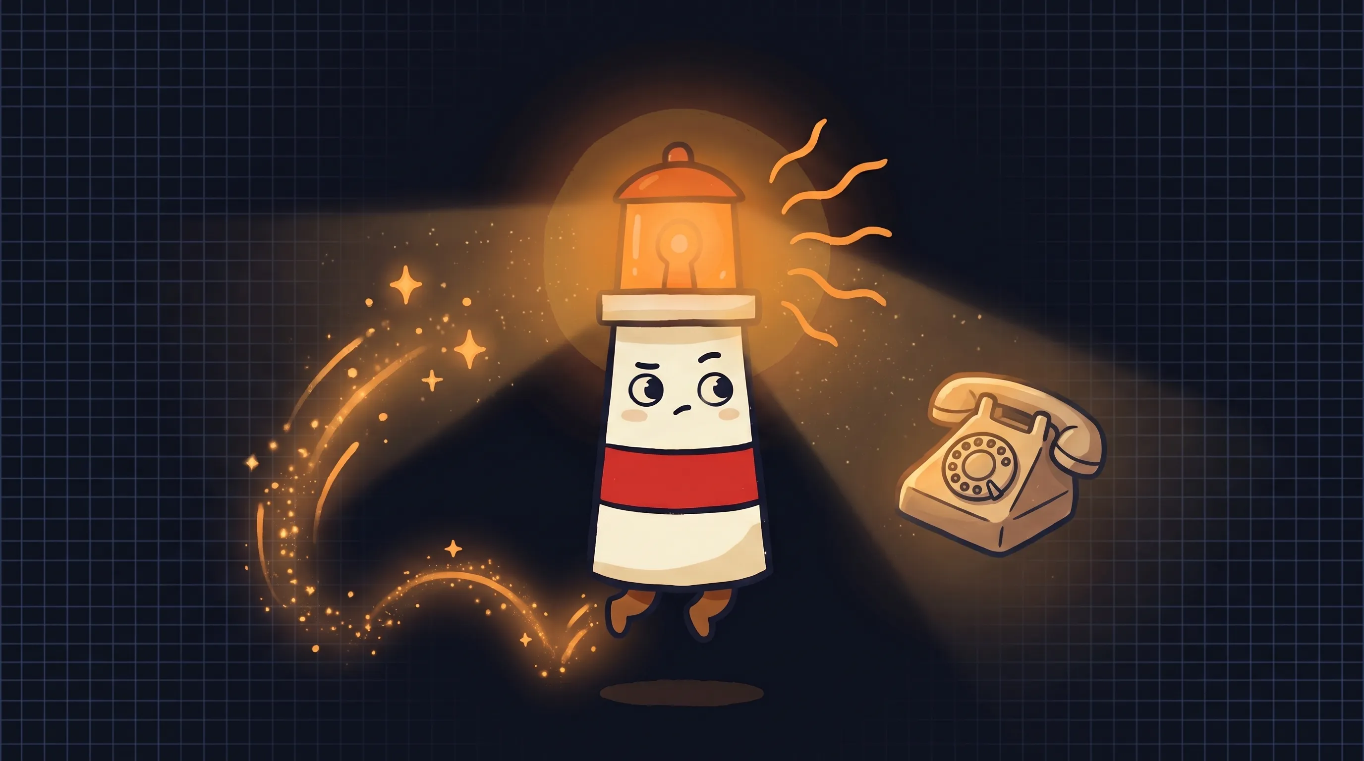 Cartoon lighthouse character with glowing amber lantern and red stripe stands near a vintage rotary telephone on a dark...