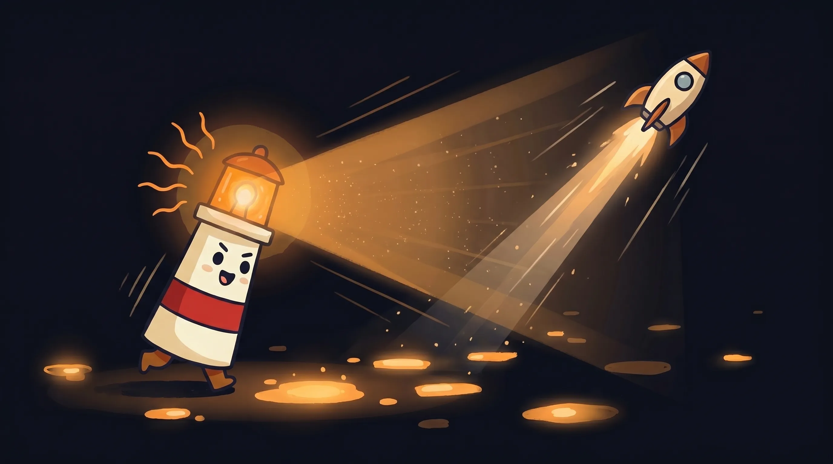 Beacon the lighthouse illuminating a glowing AI circuit board, cream body with red stripe, amber light shining bright.