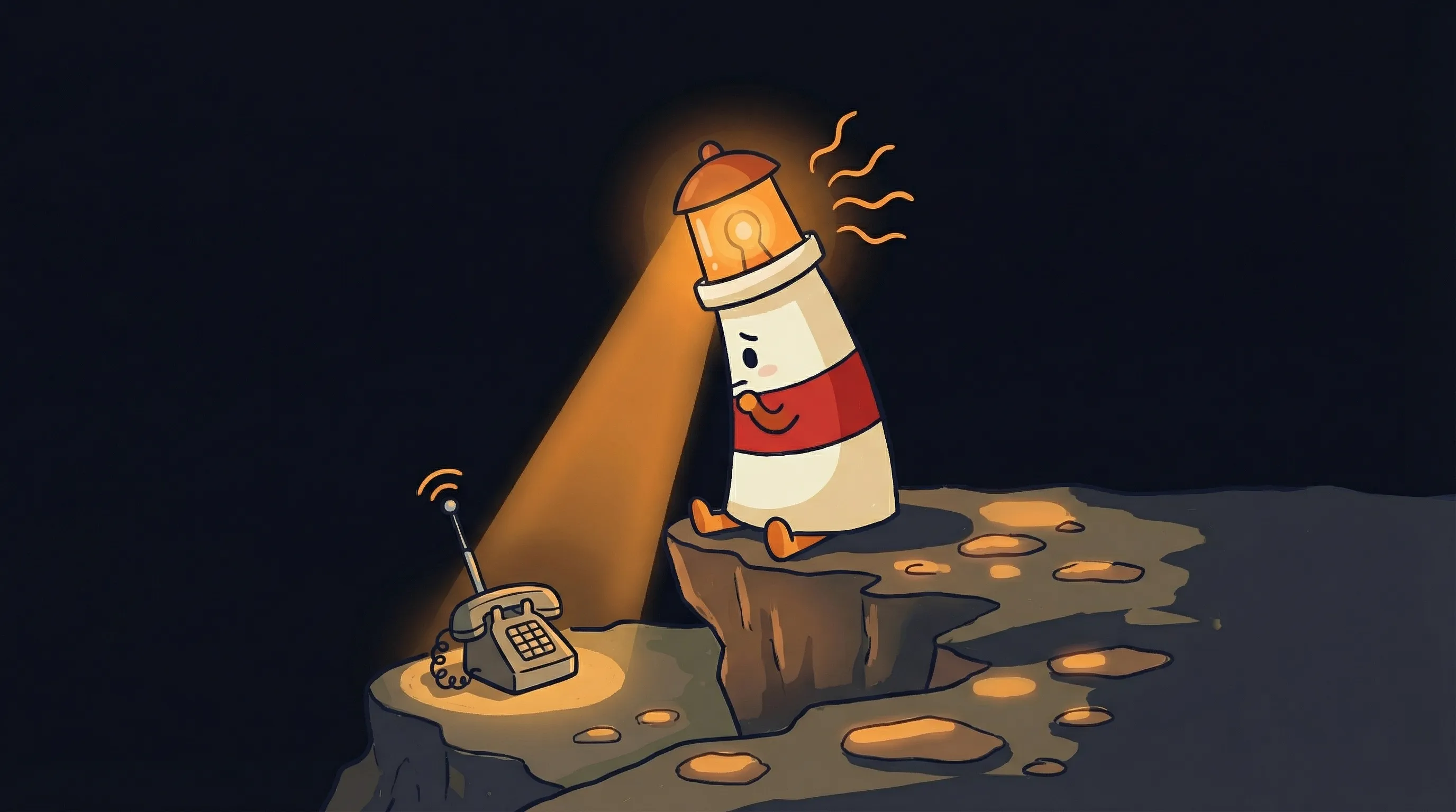 Beacon the lighthouse character shines its amber light onto a vintage telephone on a dark navy background.