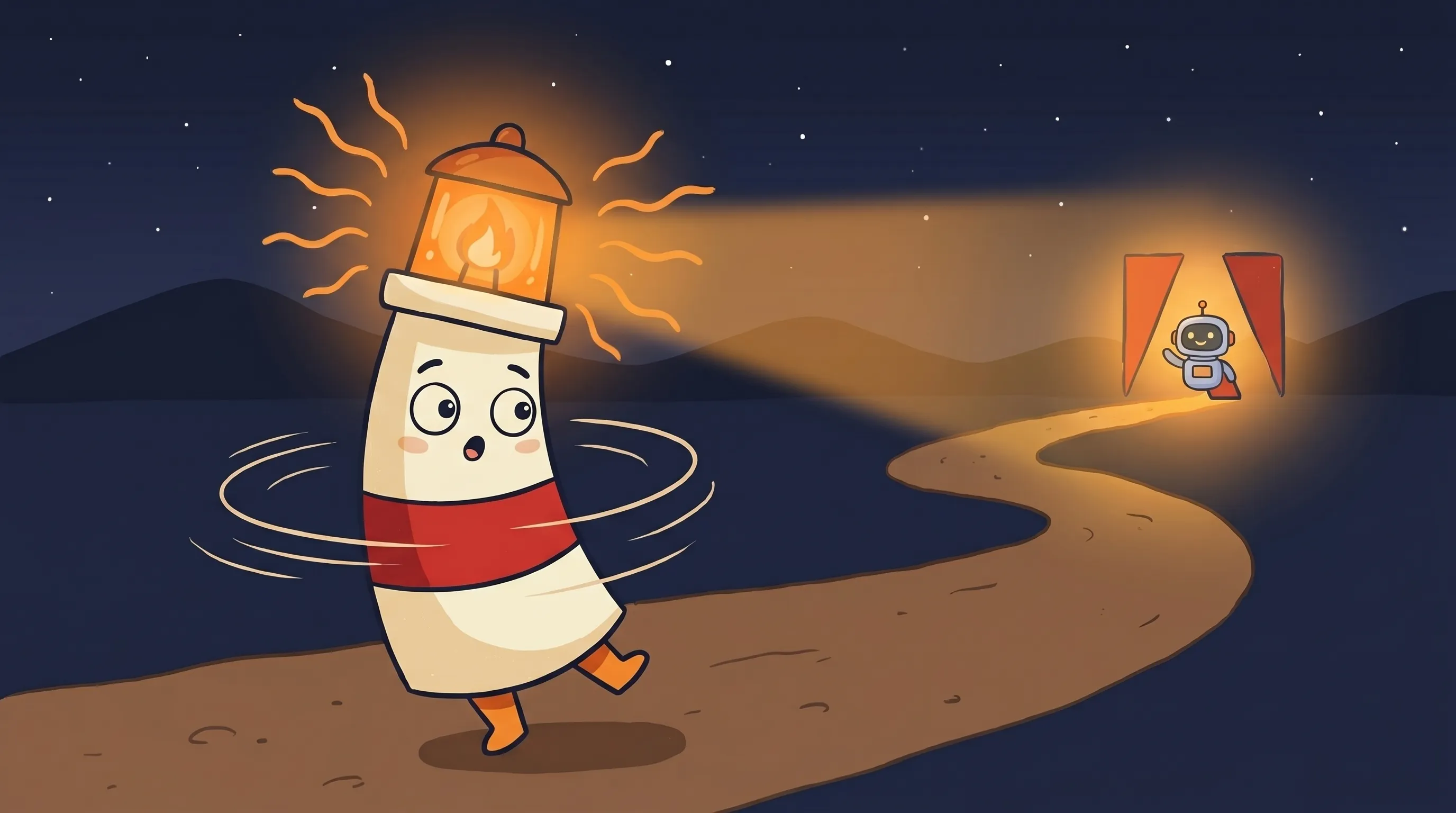 Beacon the lighthouse illuminating a glowing AI agent interface, cream body with red stripe, amber light casting warm glow...