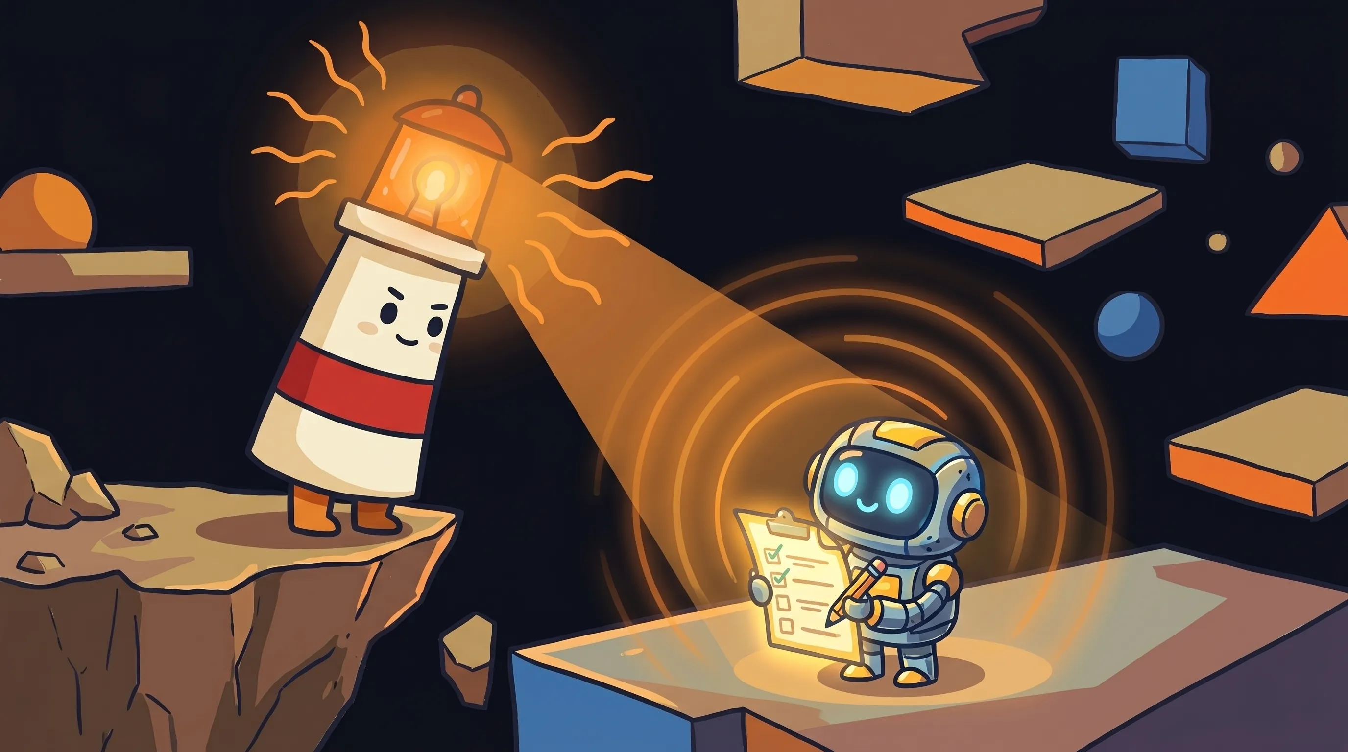Beacon the lighthouse illuminating a checklist and AI employee software icons on a dark navy background.