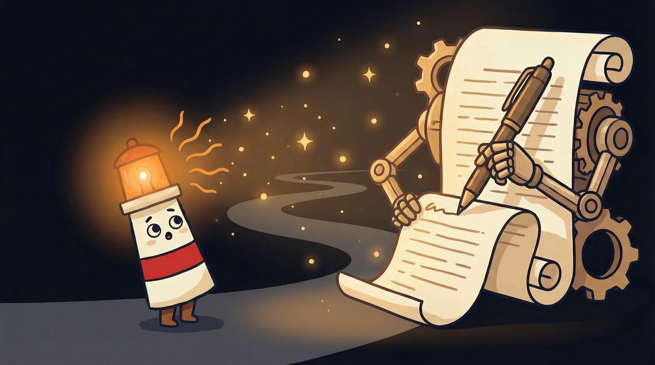 Beacon the lighthouse illuminating a glowing document with amber light, cream body with red stripe, on dark navy background.