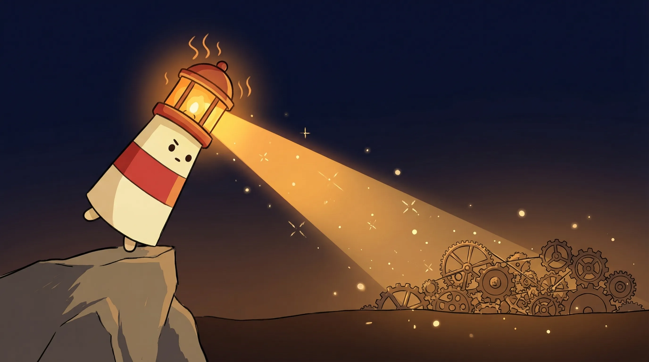 Beacon the lighthouse illuminating a conveyor belt of content pieces, symbolizing automated multi-agent publishing workflow.